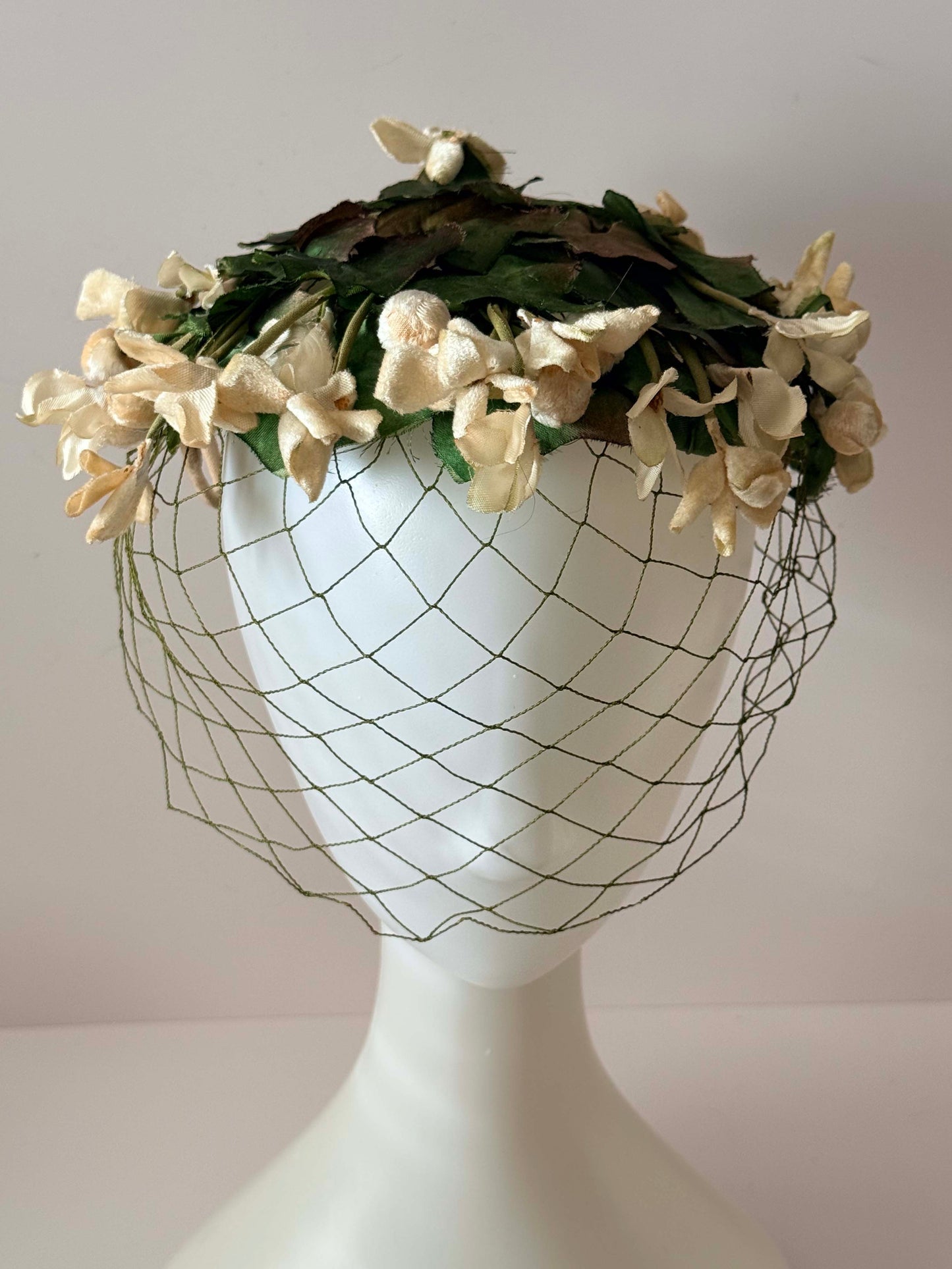 1950s Vintage Mr. Milton Floral Veiled Hat – Cream Blossom & Green Leaf Halo – Chicago Millinery