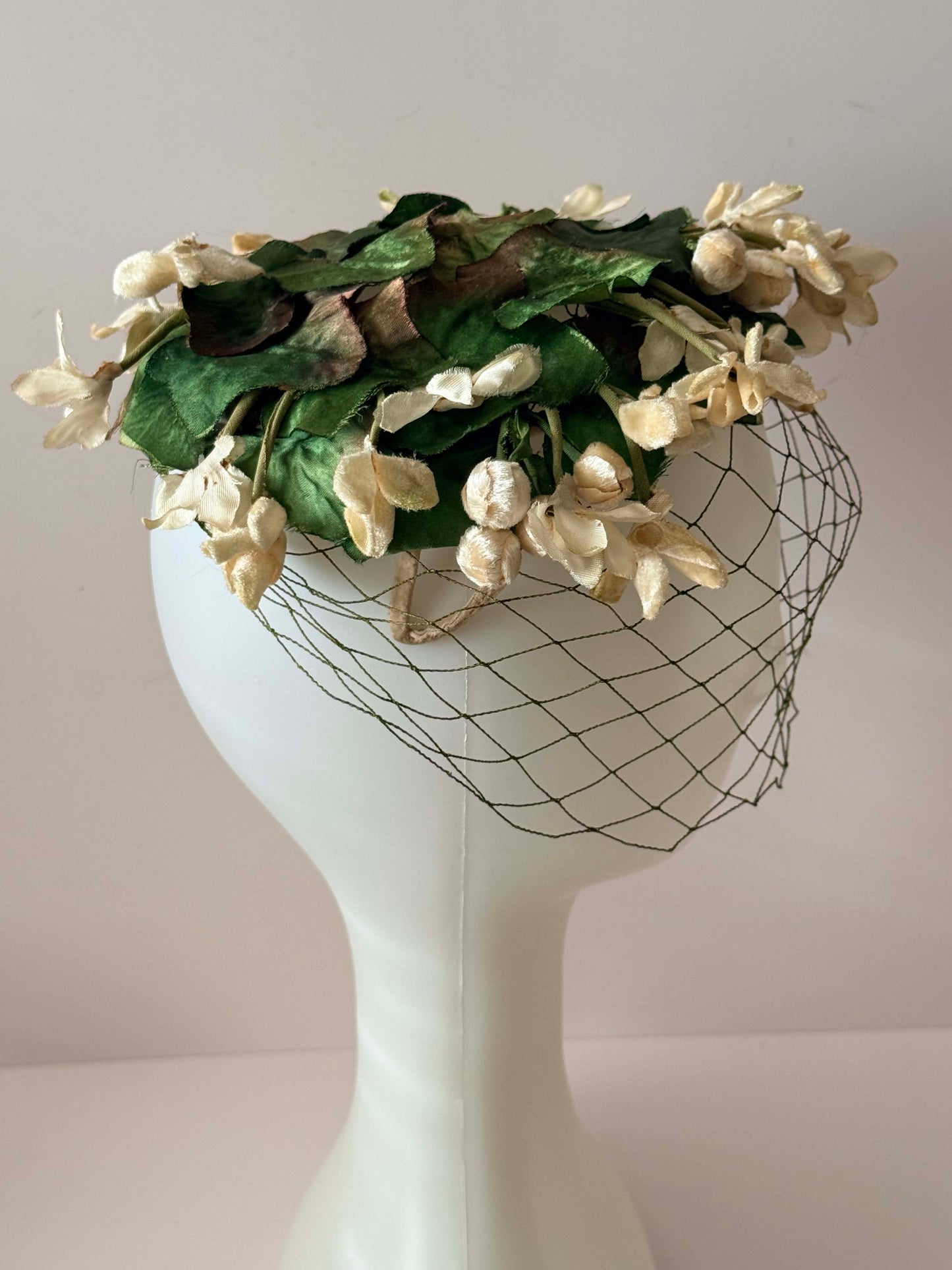 1950s Vintage Mr. Milton Floral Veiled Hat – Cream Blossom & Green Leaf Halo – Chicago Millinery