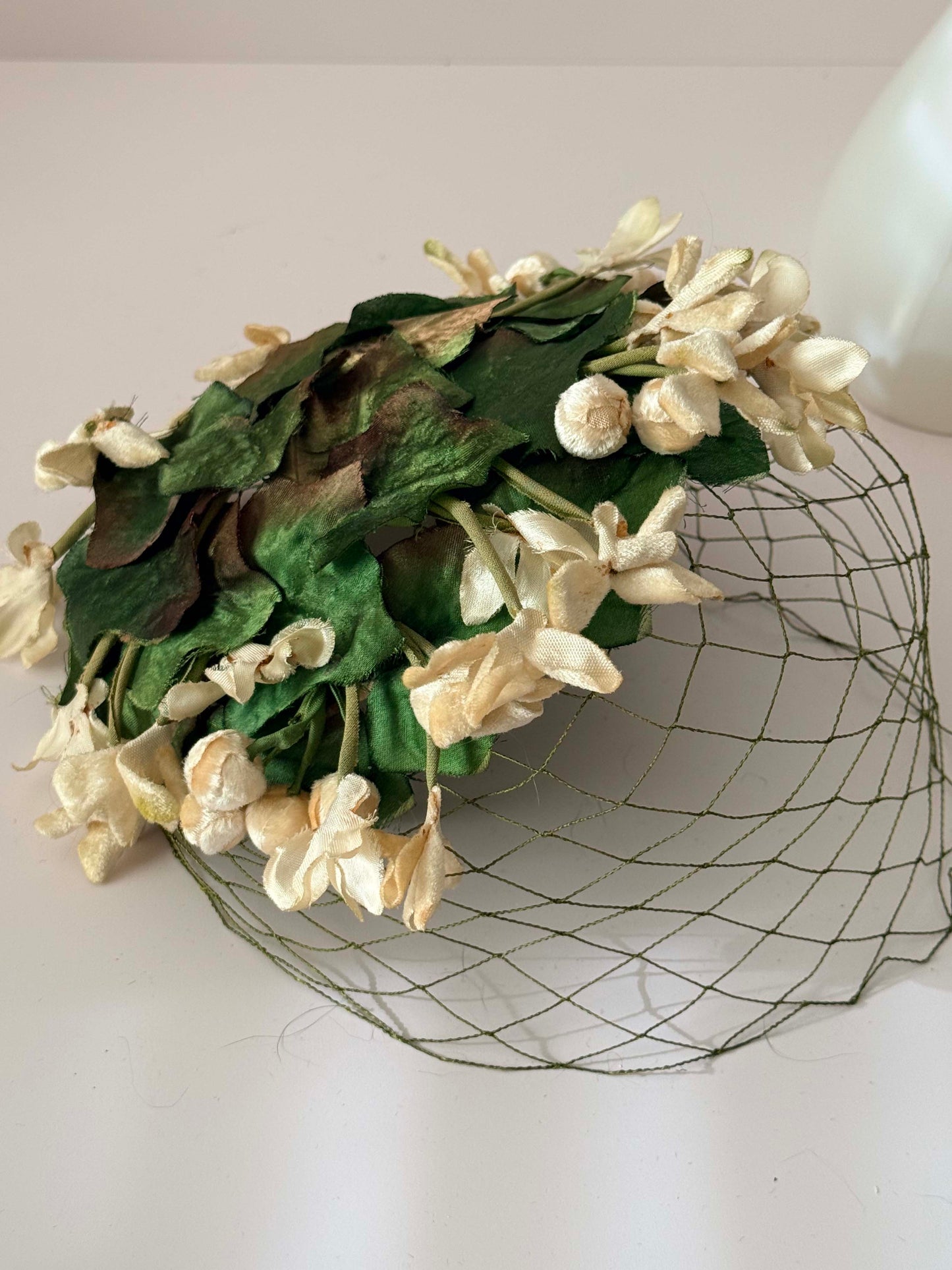 1950s Vintage Mr. Milton Floral Veiled Hat – Cream Blossom & Green Leaf Halo – Chicago Millinery