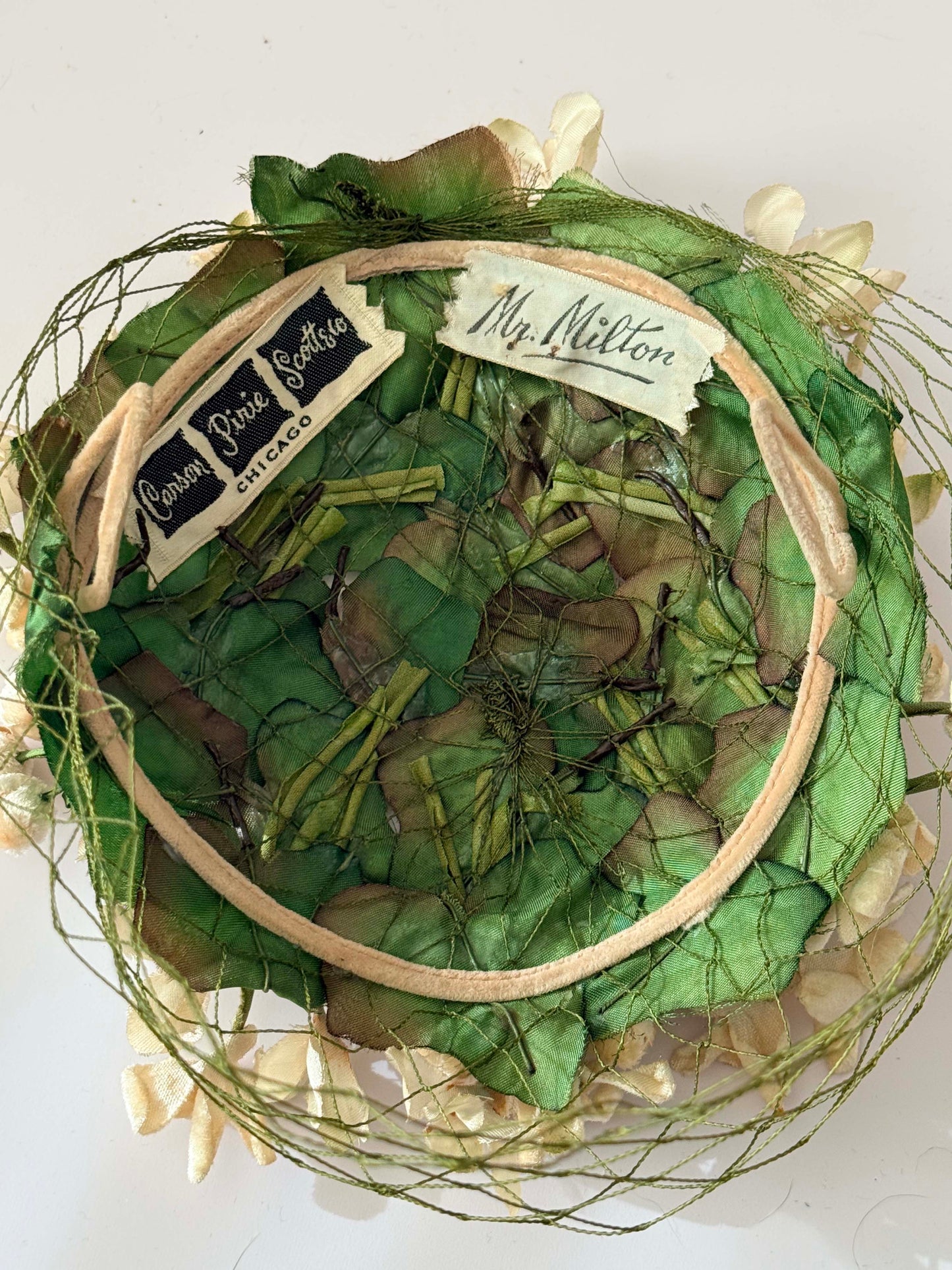 1950s Vintage Mr. Milton Floral Veiled Hat – Cream Blossom & Green Leaf Halo – Chicago Millinery
