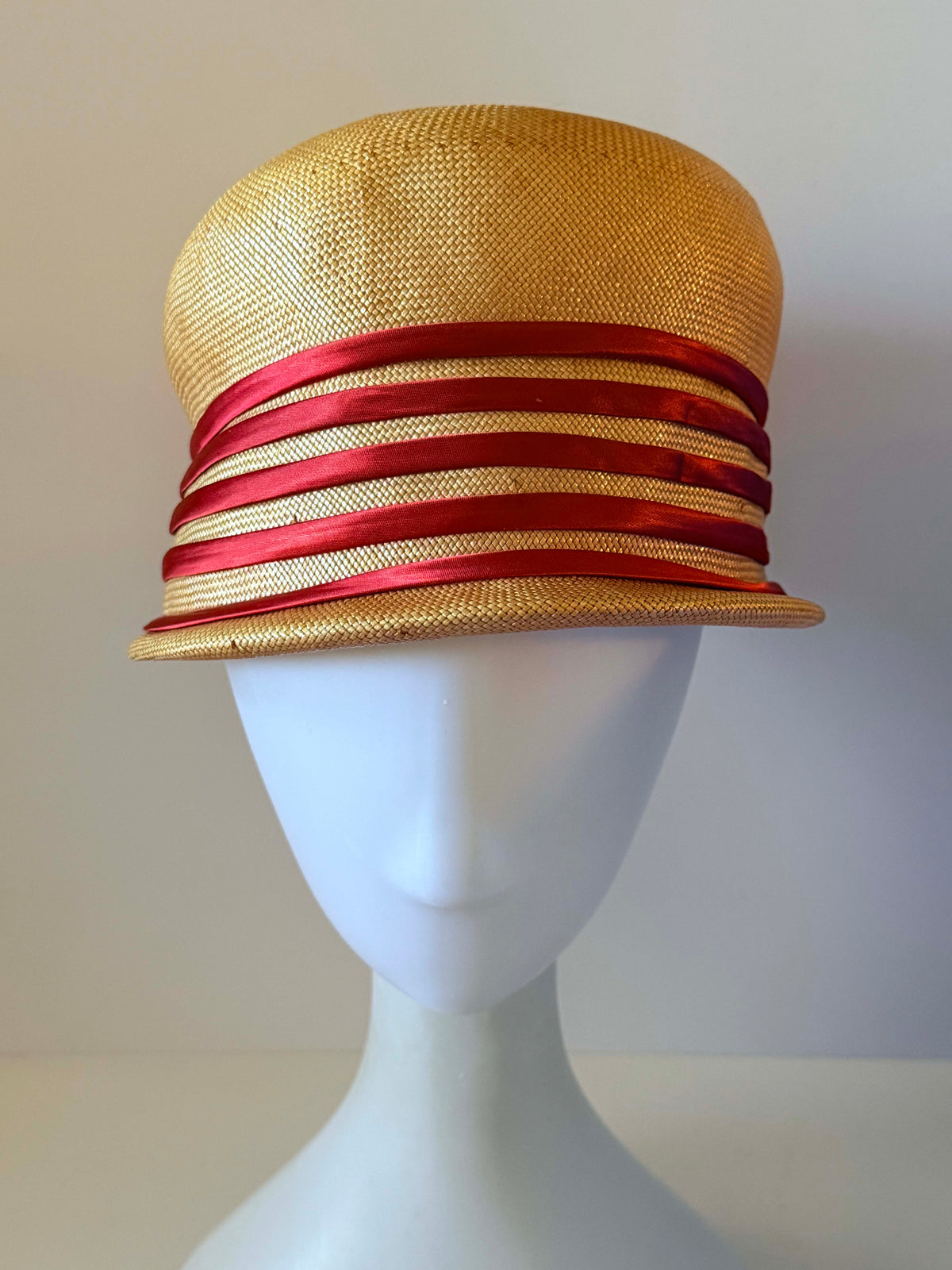 Vintage 1960s Valerie Modes Natural Straw Cloche Hat Red Satin Ribbon Trim Women's Mod Summer Hat
