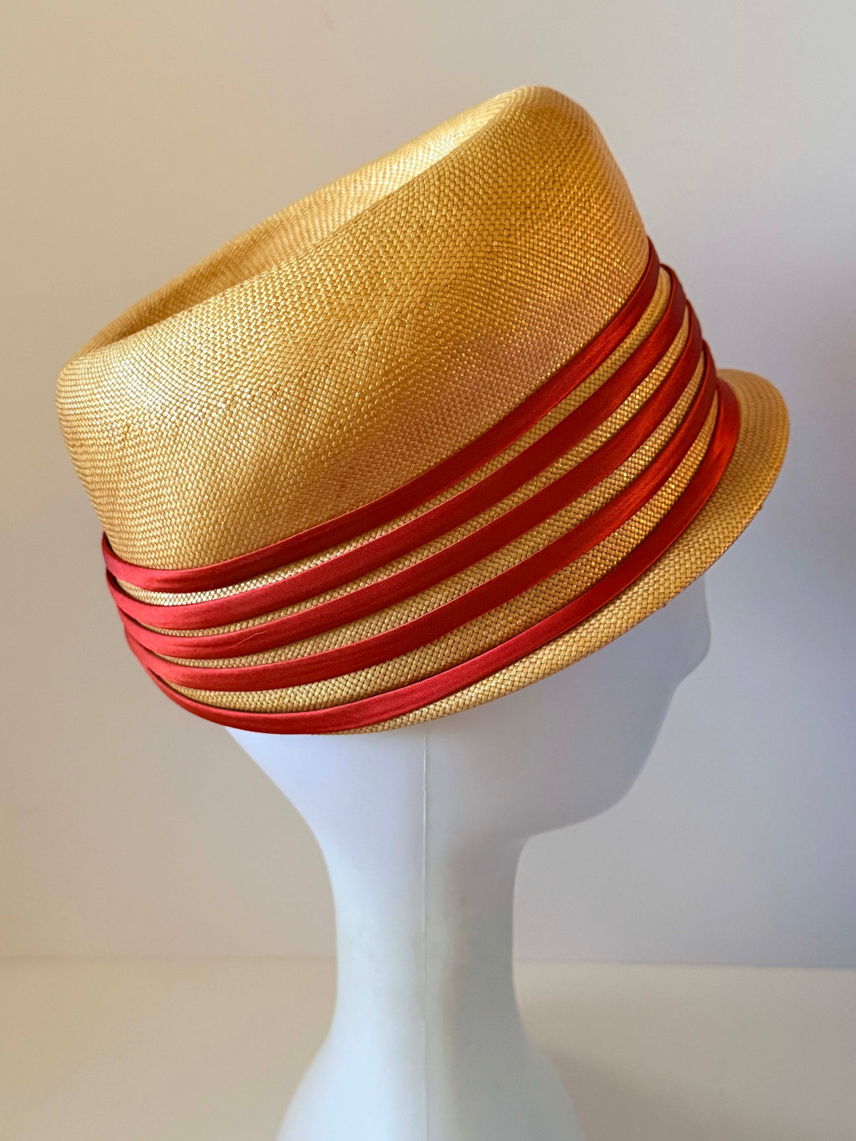 Vintage 1960s Valerie Modes Natural Straw Cloche Hat Red Satin Ribbon Trim Women's Mod Summer Hat