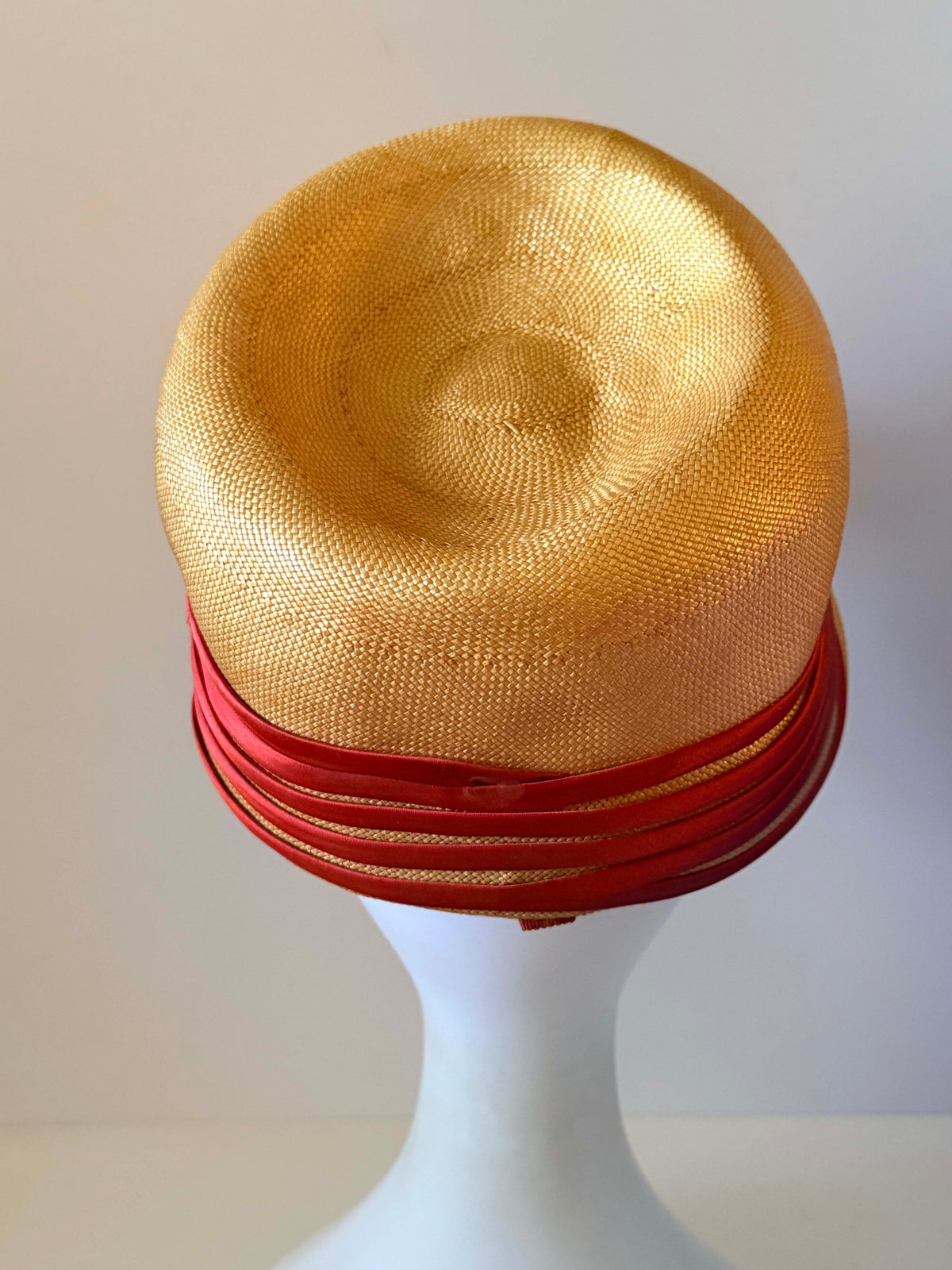 Vintage 1960s Valerie Modes Natural Straw Cloche Hat Red Satin Ribbon Trim Women's Mod Summer Hat