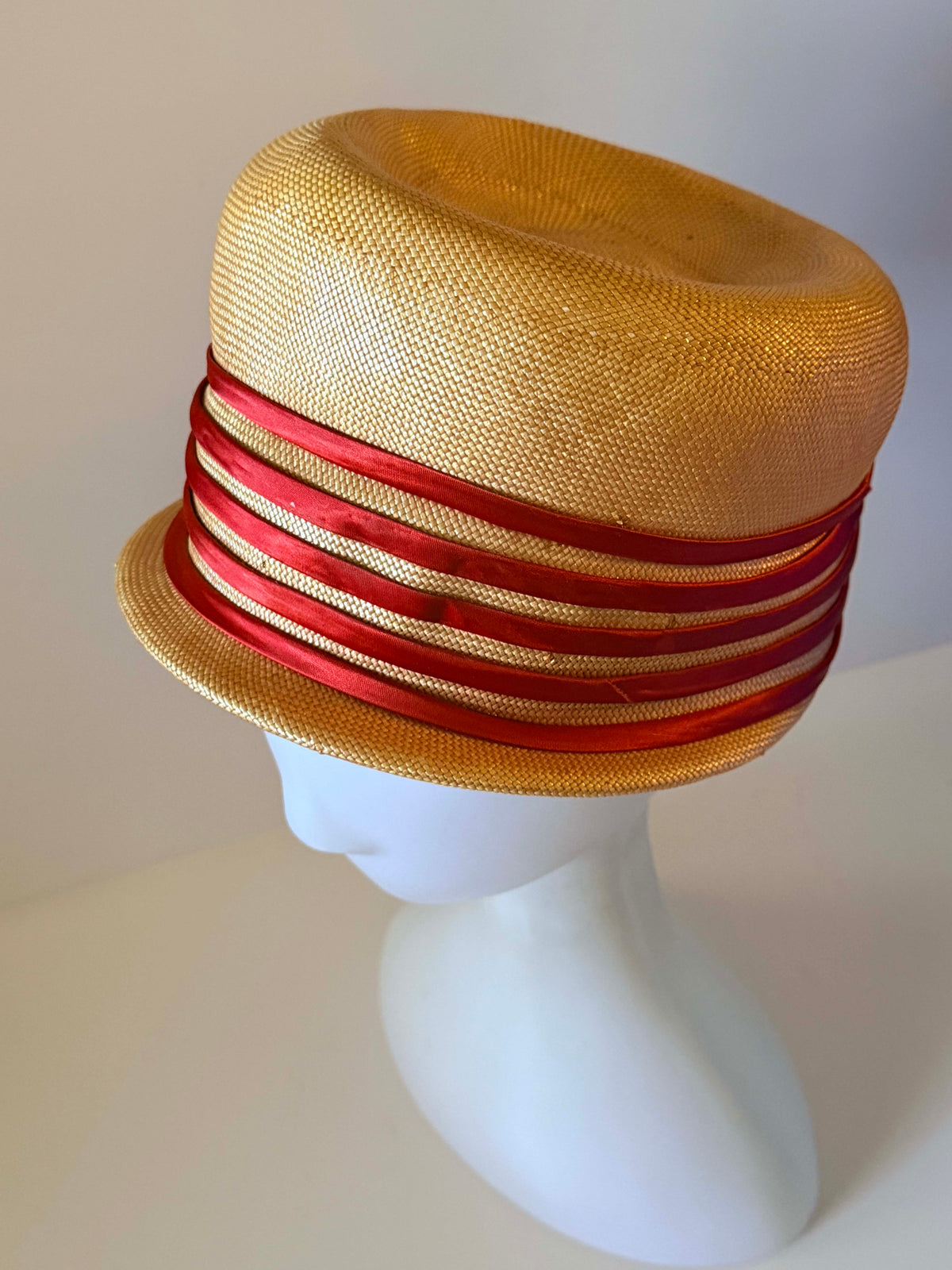 Vintage 1960s Valerie Modes Natural Straw Cloche Hat Red Satin Ribbon Trim Women's Mod Summer Hat