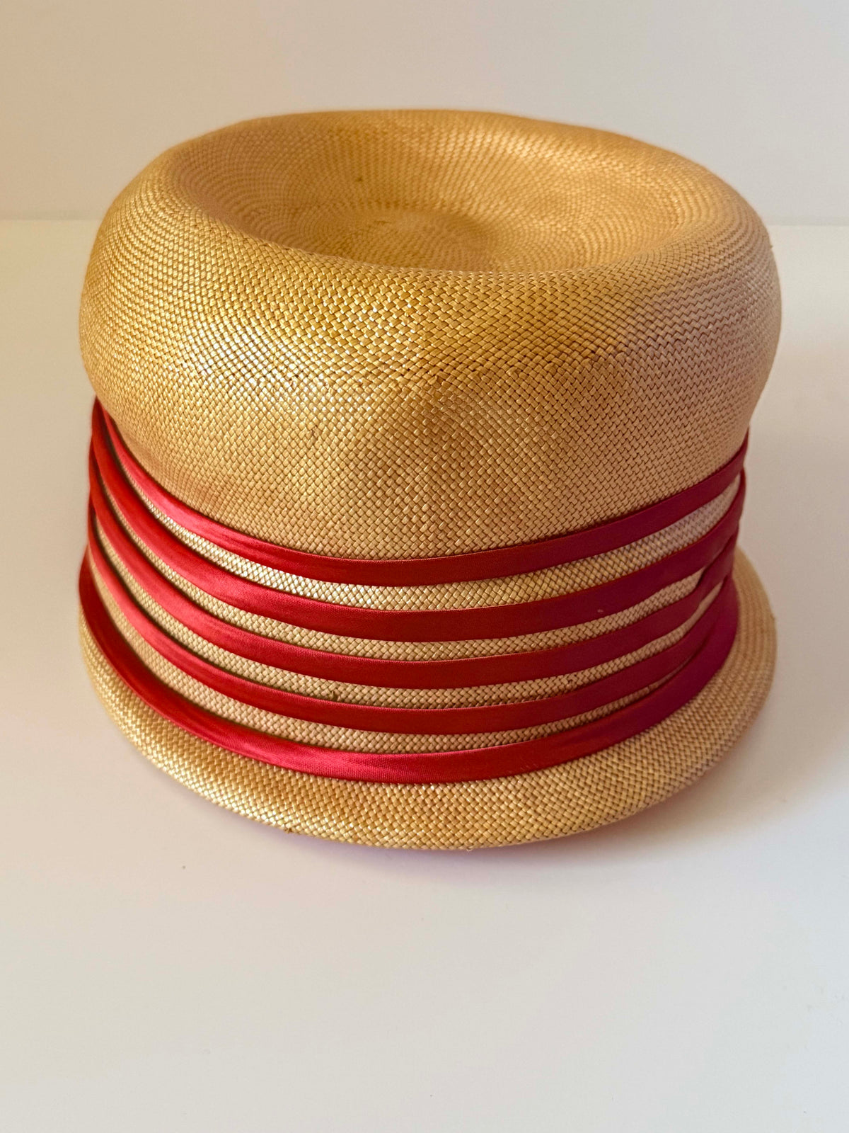 Vintage 1960s Valerie Modes Natural Straw Cloche Hat Red Satin Ribbon Trim Women's Mod Summer Hat