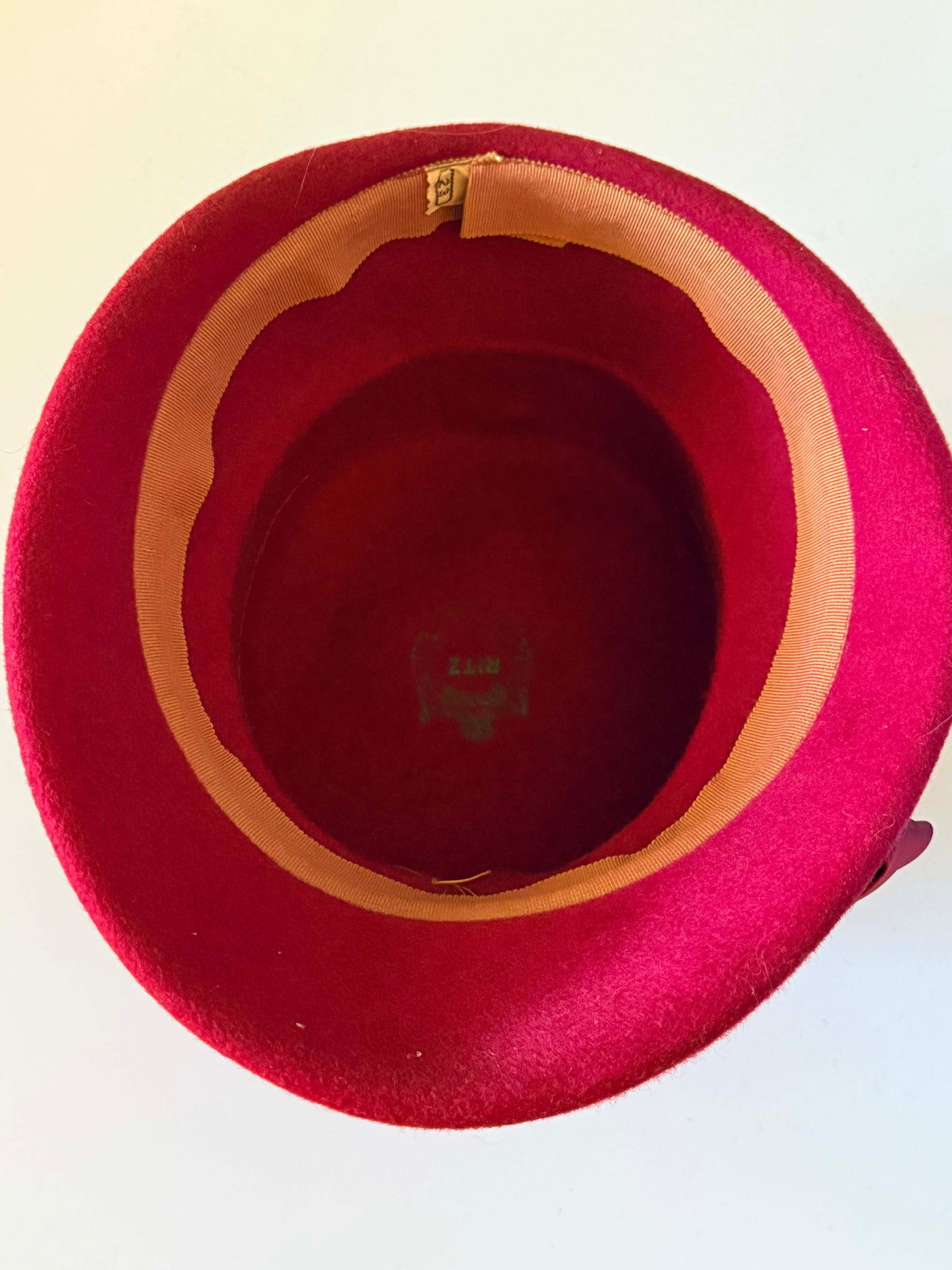 Vintage 1960s Red Wool Felt Cloche Hat Pleated Satin Bow Trim Women's Mid Century Mod Winter Hat