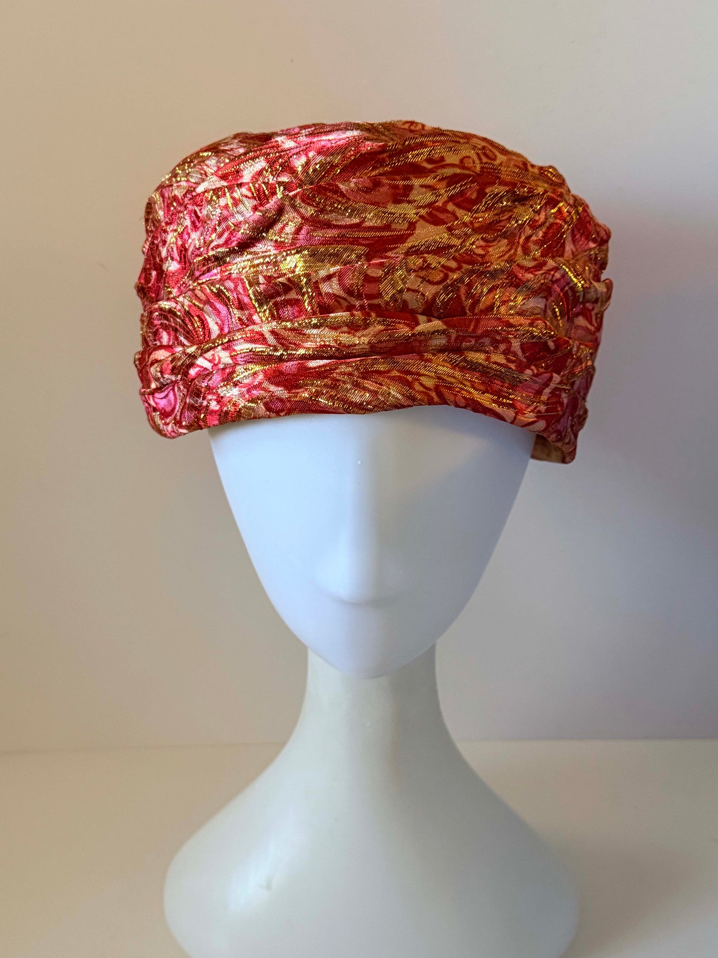 Vintage 1960s Pink Red Gold Brocade Turban Hat Draped Lurex Cocktail Hat Women's Mod Evening Millinery