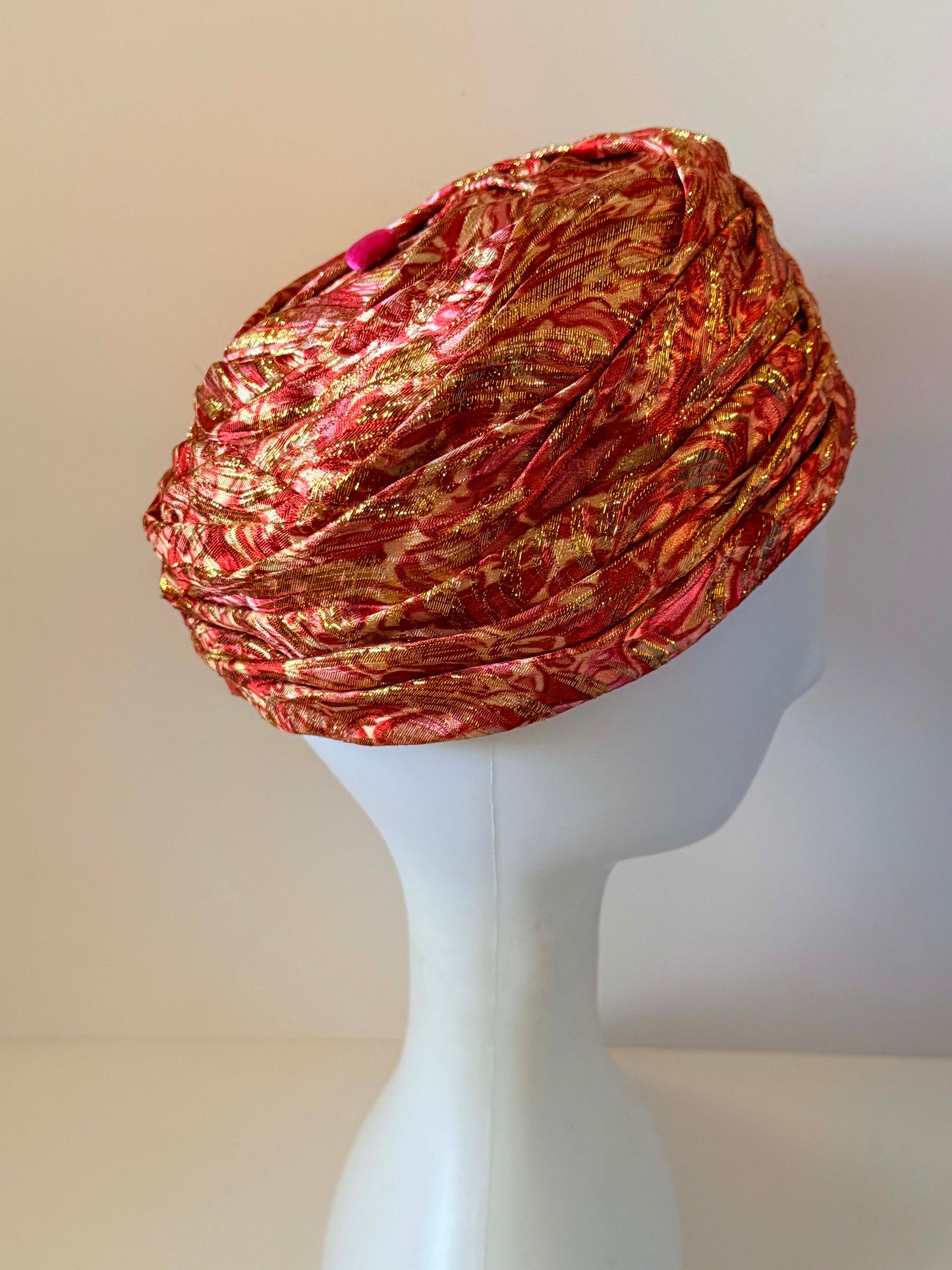 Vintage 1960s Pink Red Gold Brocade Turban Hat Draped Lurex Cocktail Hat Women's Mod Evening Millinery
