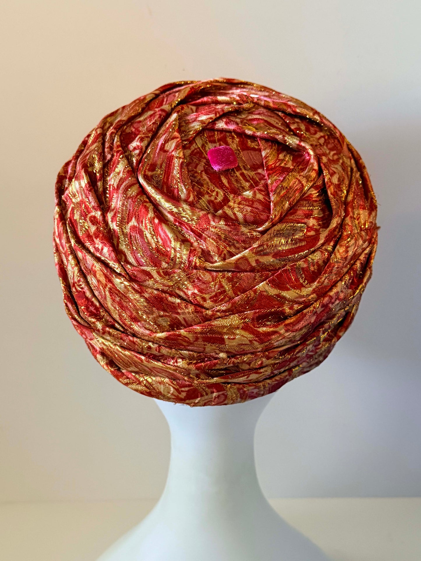 Vintage 1960s Pink Red Gold Brocade Turban Hat Draped Lurex Cocktail Hat Women's Mod Evening Millinery