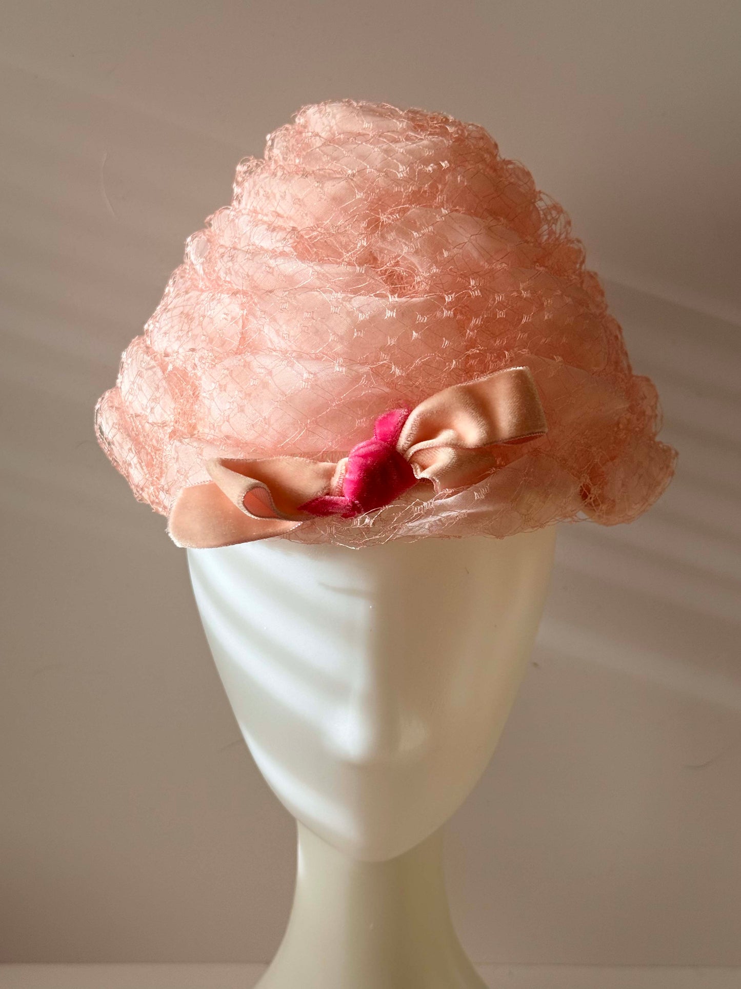 1950s–1960s Marche Exclusive Pink Satin Veiled Cocktail Hat – Draped Silk Netting – Vintage Bridal / Occasion Hat