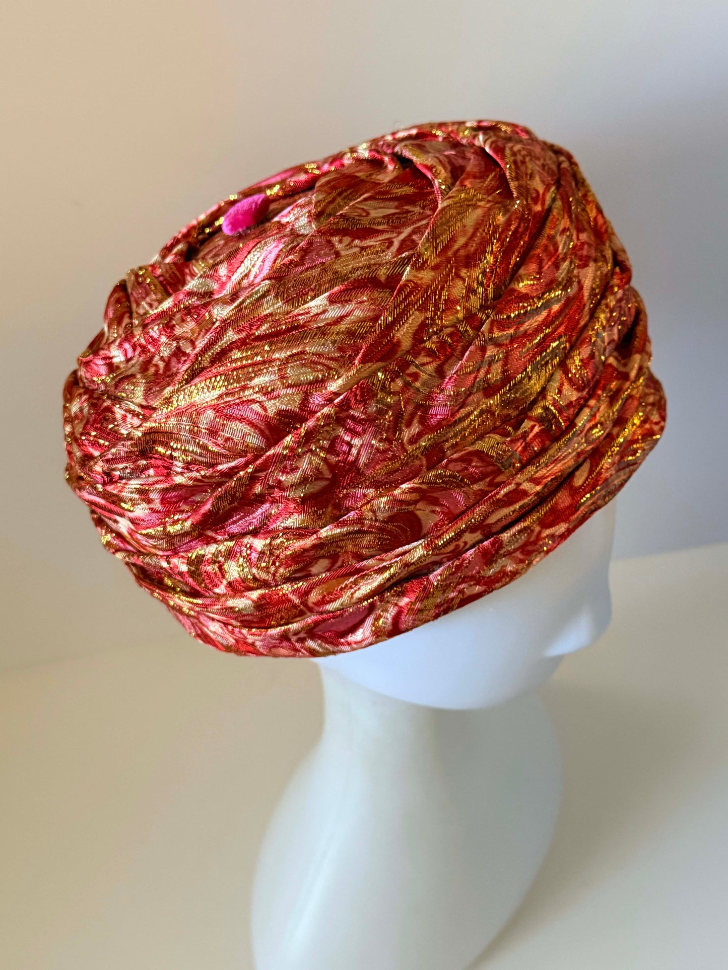 Vintage 1960s Pink Red Gold Brocade Turban Hat Draped Lurex Cocktail Hat Women's Mod Evening Millinery