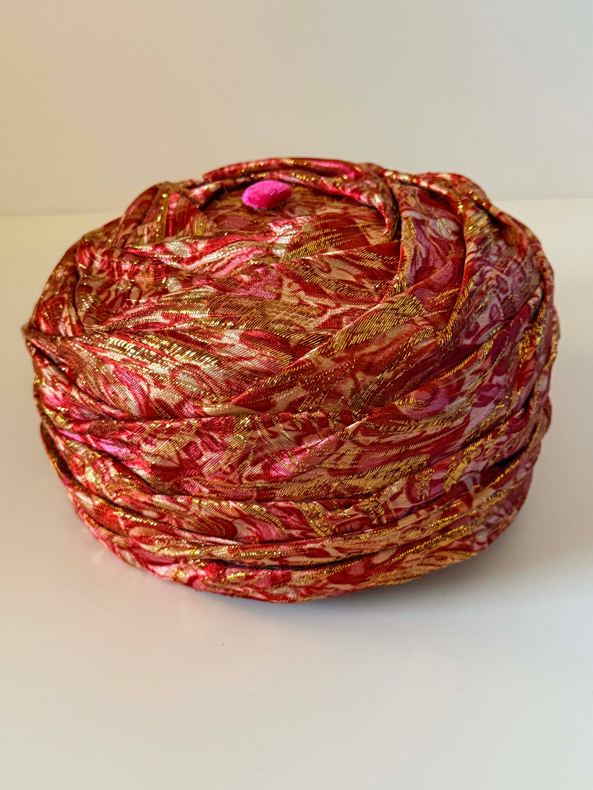 Vintage 1960s Pink Red Gold Brocade Turban Hat Draped Lurex Cocktail Hat Women's Mod Evening Millinery