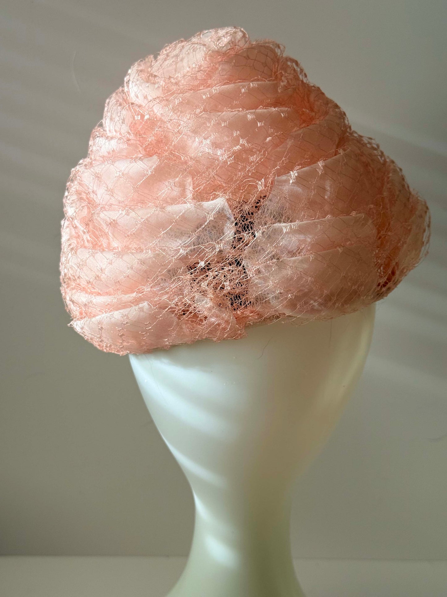 1950s–1960s Marche Exclusive Pink Satin Veiled Cocktail Hat – Draped Silk Netting – Vintage Bridal / Occasion Hat