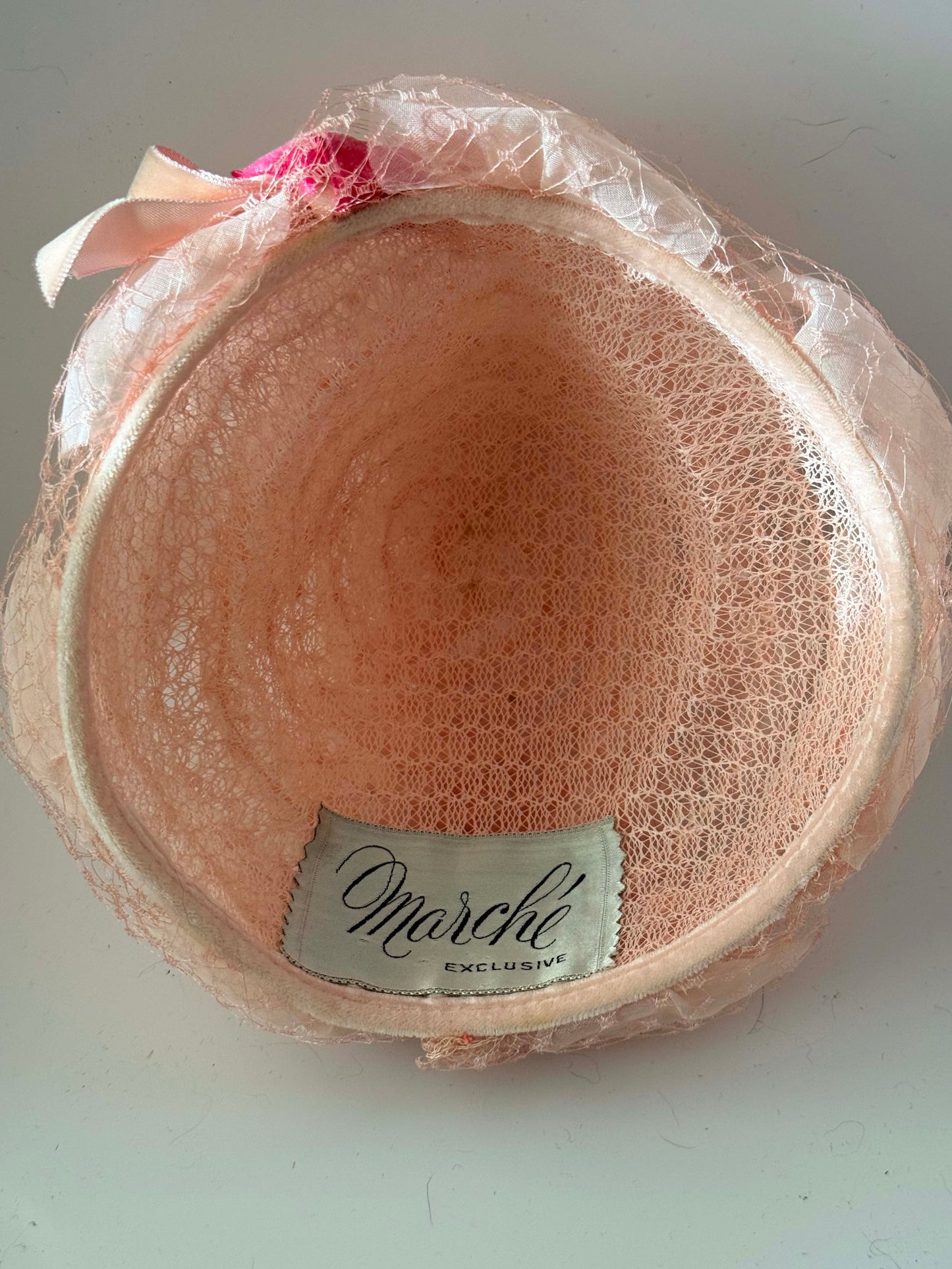 1950s–1960s Marche Exclusive Pink Satin Veiled Cocktail Hat – Draped Silk Netting – Vintage Bridal / Occasion Hat