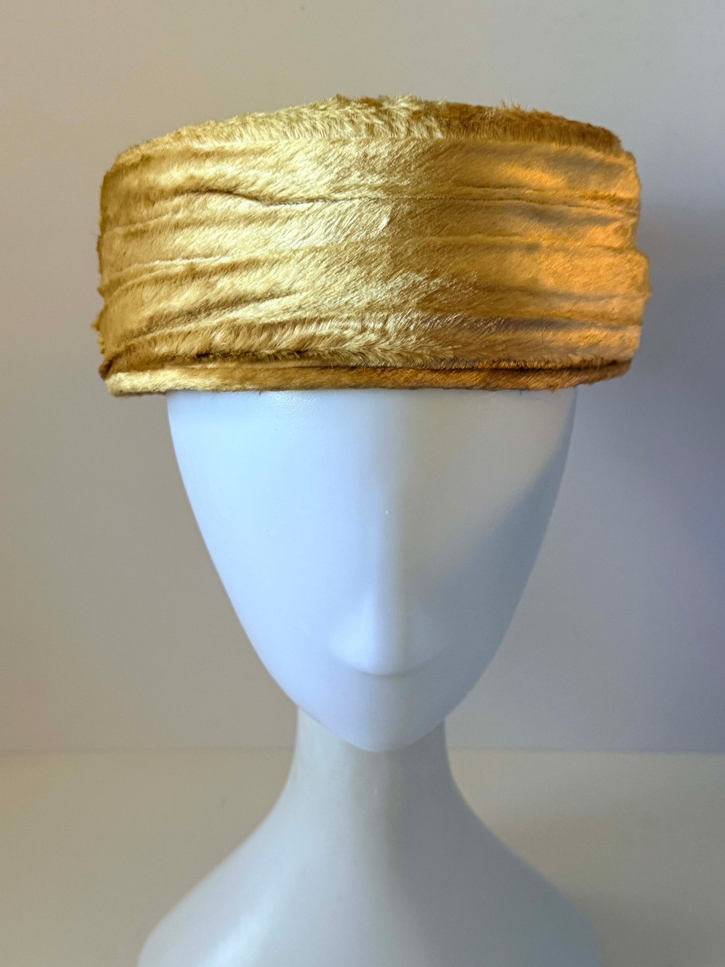 Vintage 1960s Golden Tan Faux Fur Pillbox Hat Sculptural Tiered Crown Women's Mod Winter Mid Century Millinery