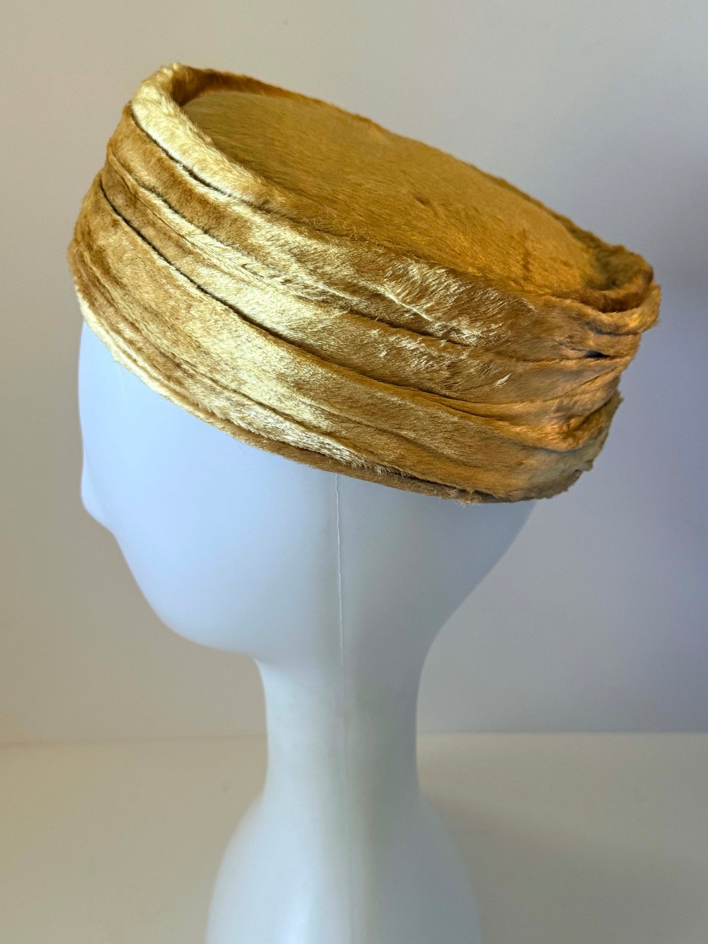 Vintage 1960s Golden Tan Faux Fur Pillbox Hat Sculptural Tiered Crown Women's Mod Winter Mid Century Millinery
