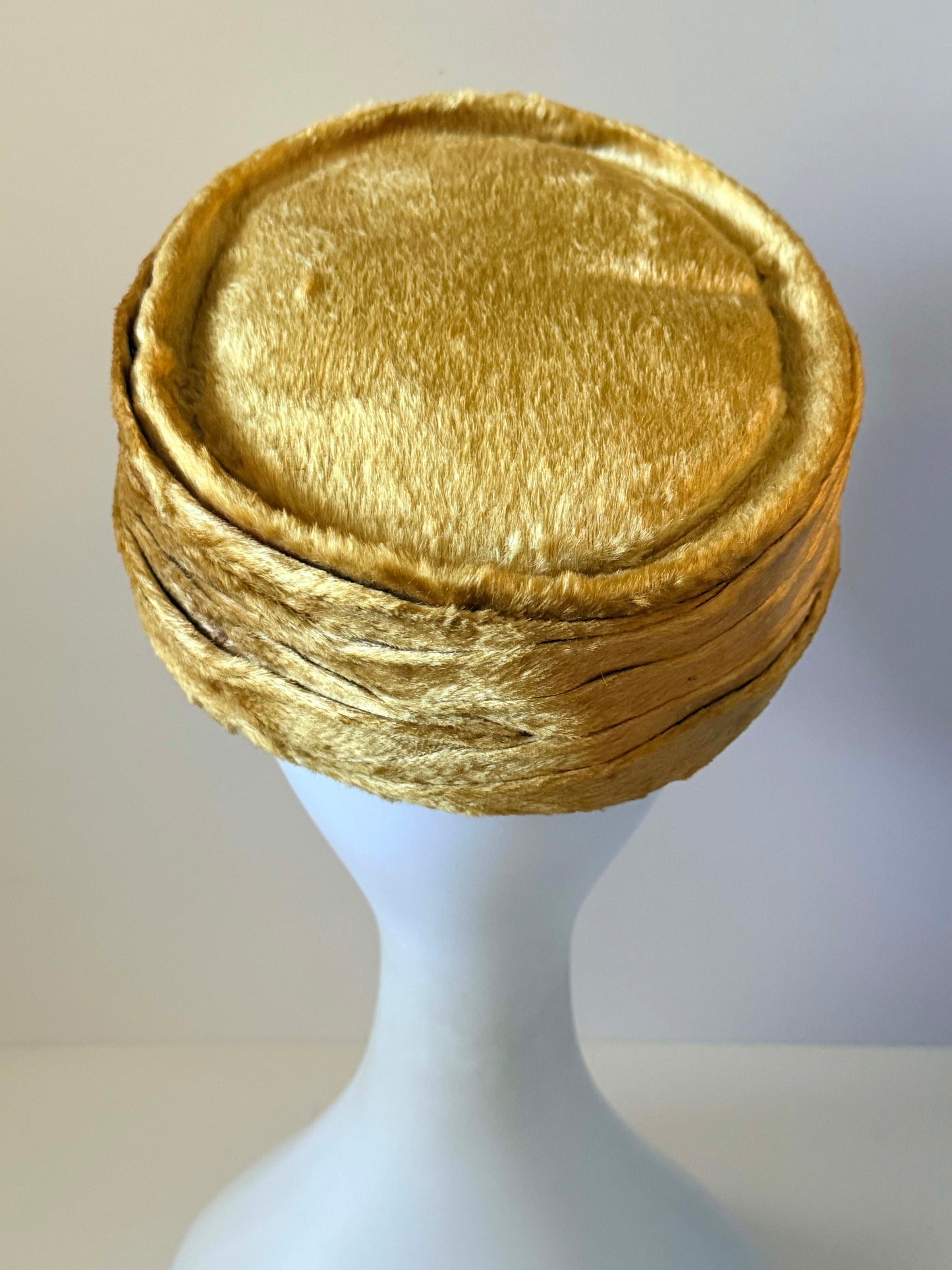 Vintage 1960s Golden Tan Faux Fur Pillbox Hat Sculptural Tiered Crown Women's Mod Winter Mid Century Millinery