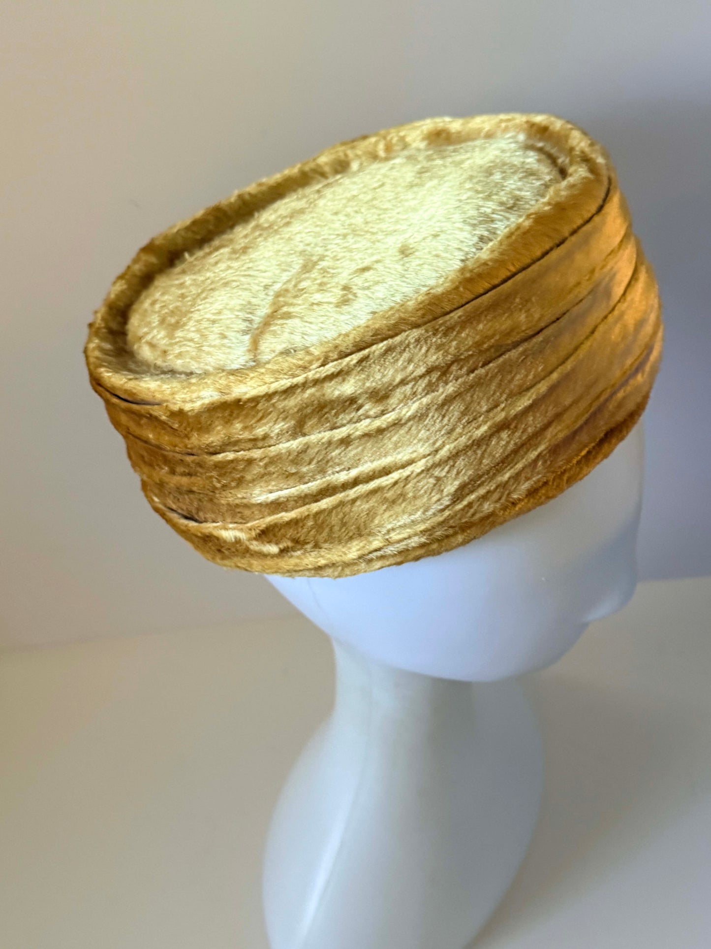 Vintage 1960s Golden Tan Faux Fur Pillbox Hat Sculptural Tiered Crown Women's Mod Winter Mid Century Millinery