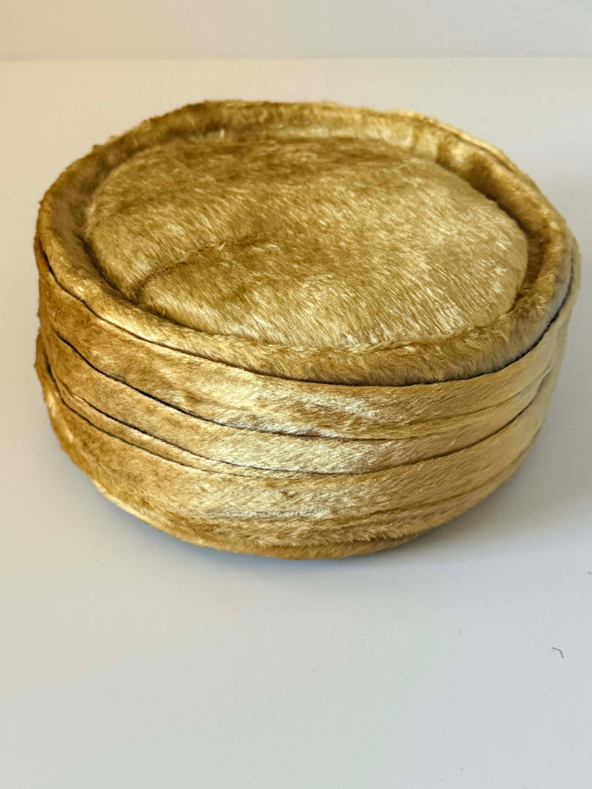 Vintage 1960s Golden Tan Faux Fur Pillbox Hat Sculptural Tiered Crown Women's Mod Winter Mid Century Millinery