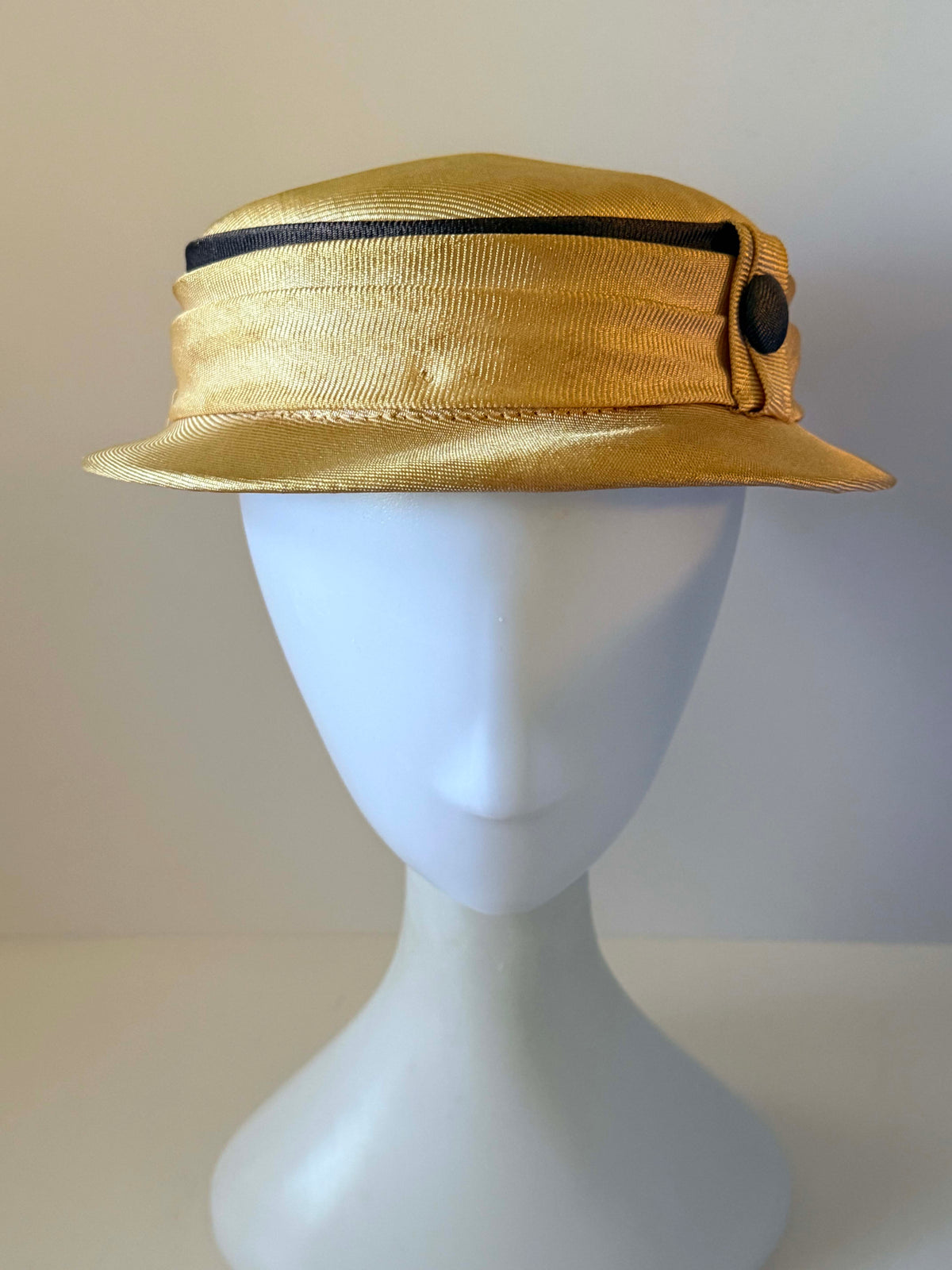 Vintage 1960s Champagne Gold Satin Breton Hat Black Grosgrain Trim Button Women's Mod Mid Century Hat