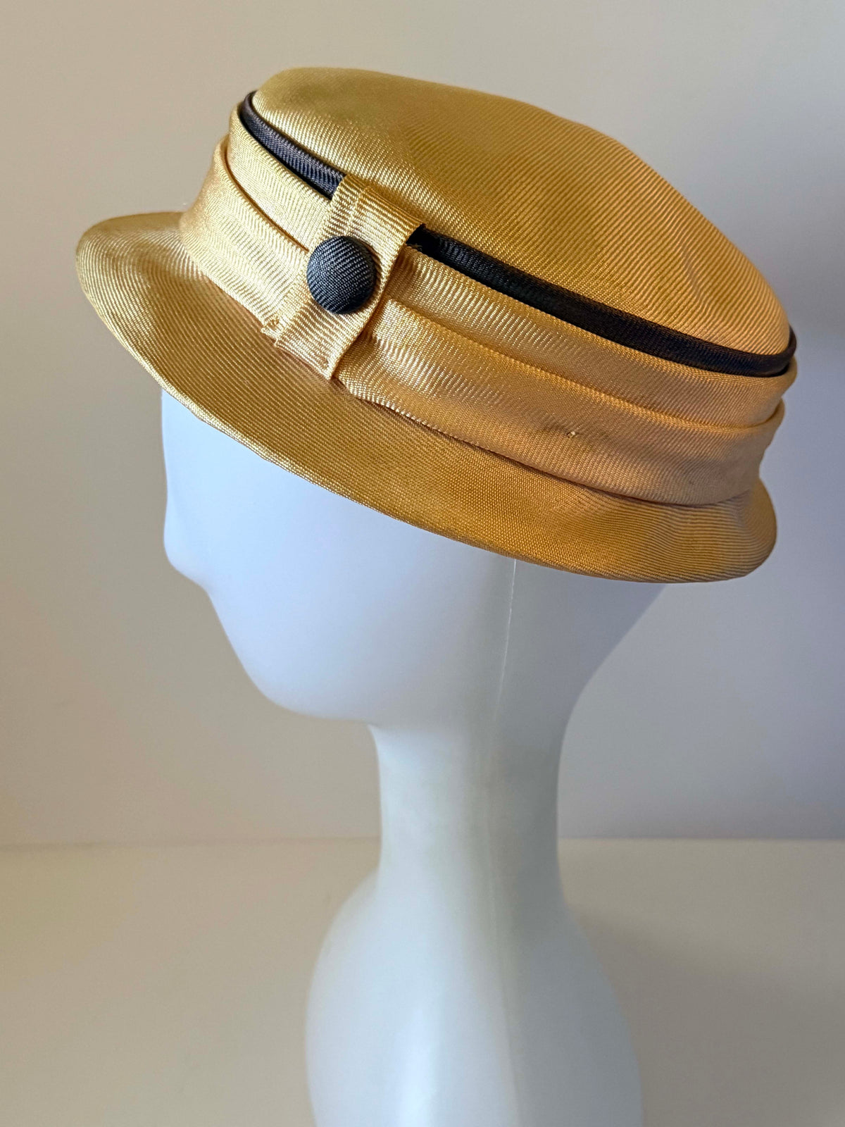Vintage 1960s Champagne Gold Satin Breton Hat Black Grosgrain Trim Button Women's Mod Mid Century Hat