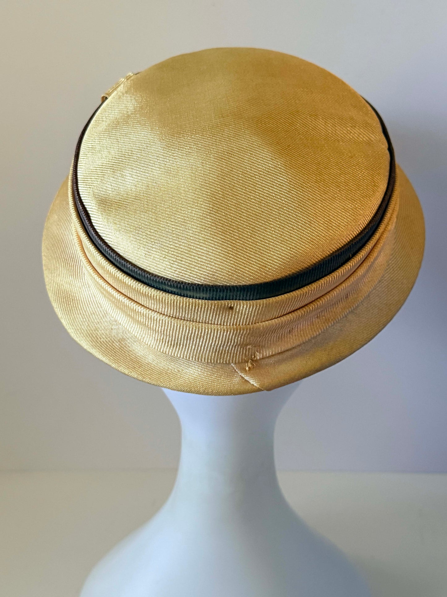 Vintage 1960s Champagne Gold Satin Breton Hat Black Grosgrain Trim Button Women's Mod Mid Century Hat