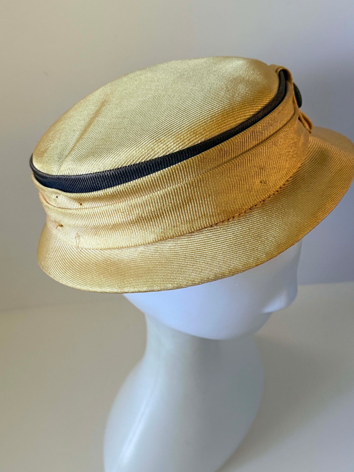 Vintage 1960s Champagne Gold Satin Breton Hat Black Grosgrain Trim Button Women's Mod Mid Century Hat