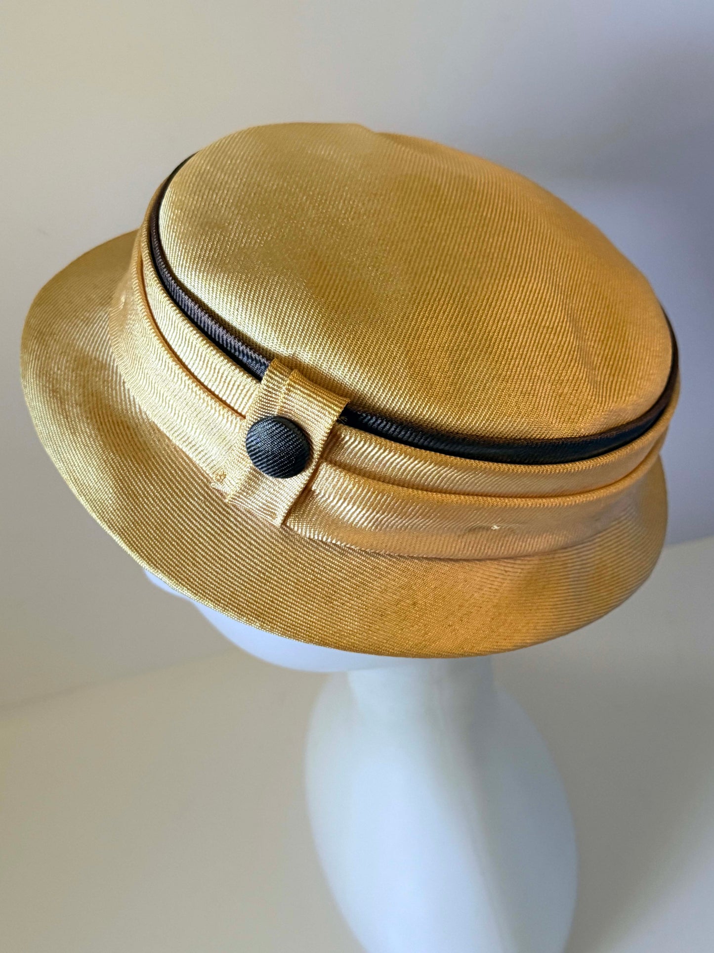 Vintage 1960s Champagne Gold Satin Breton Hat Black Grosgrain Trim Button Women's Mod Mid Century Hat