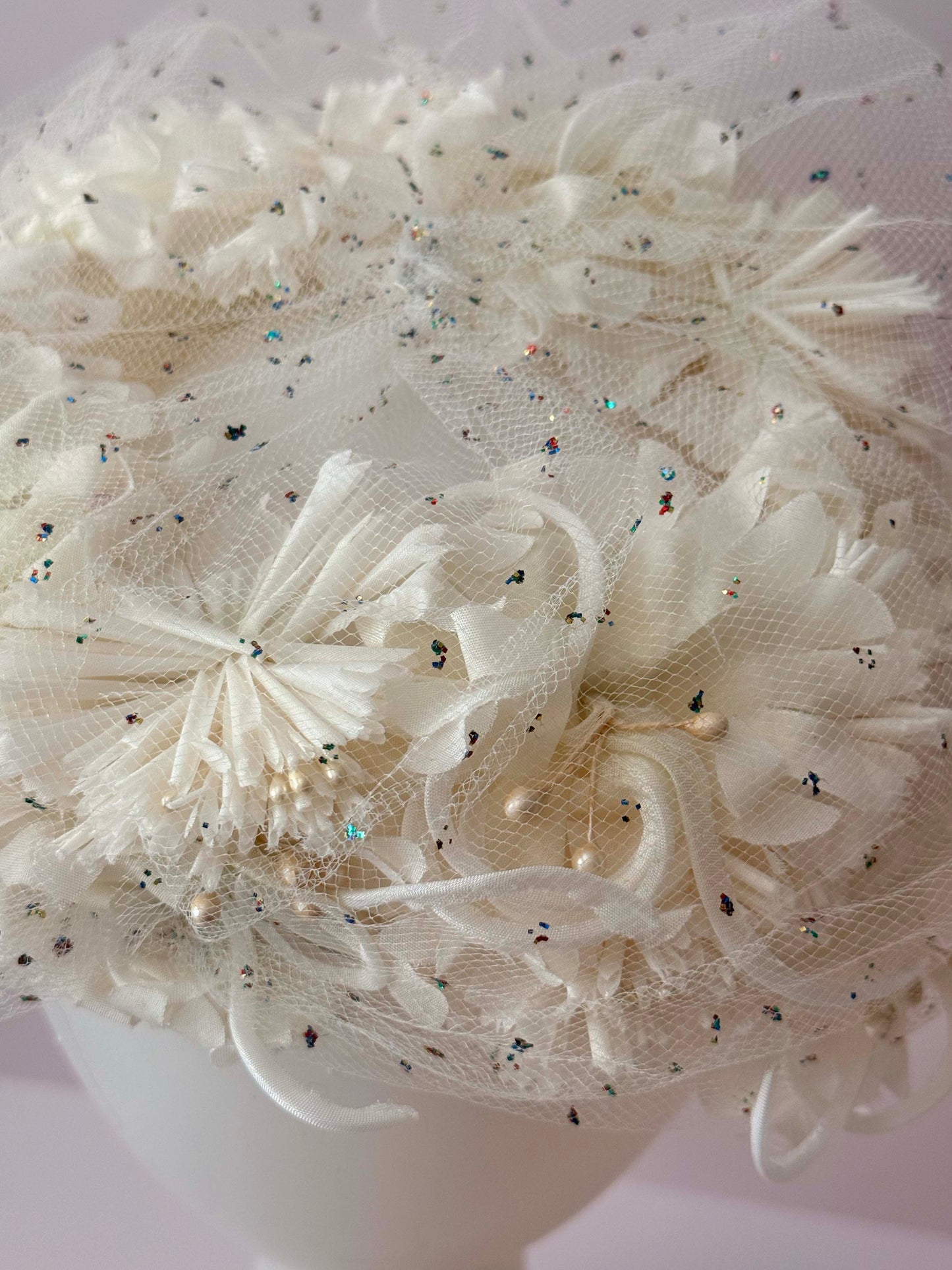 1950s Vintage Clove Lane Ivory Floral Veiled Hat – Confetti Netting & Textured Blossoms – Mid Century Bridal