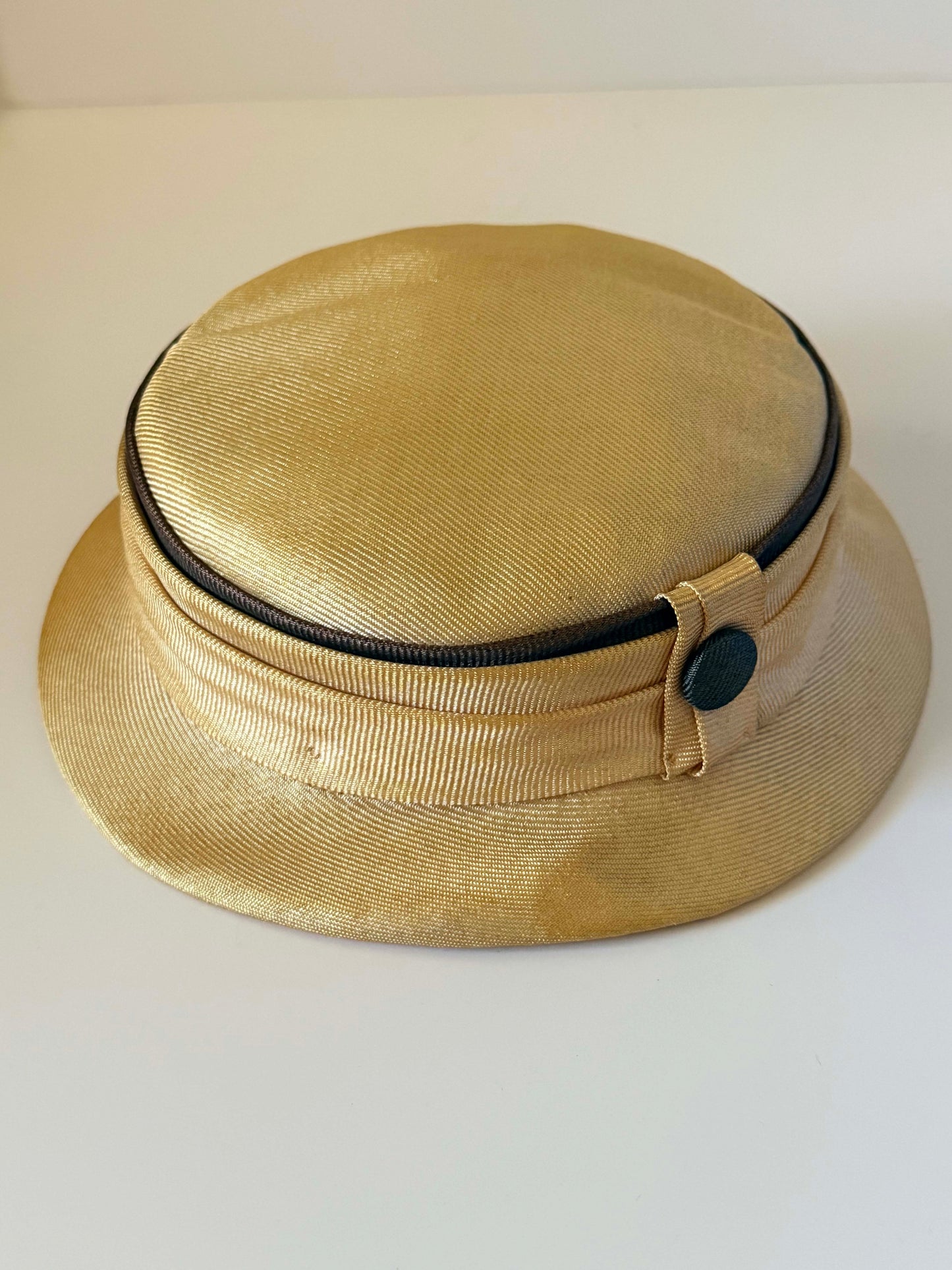 Vintage 1960s Champagne Gold Satin Breton Hat Black Grosgrain Trim Button Women's Mod Mid Century Hat