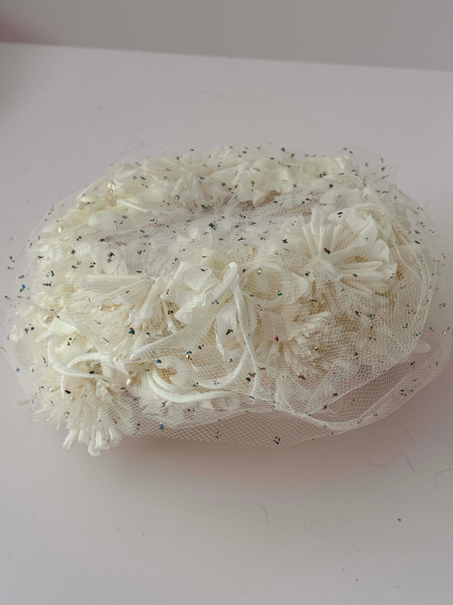 1950s Vintage Clove Lane Ivory Floral Veiled Hat – Confetti Netting & Textured Blossoms – Mid Century Bridal