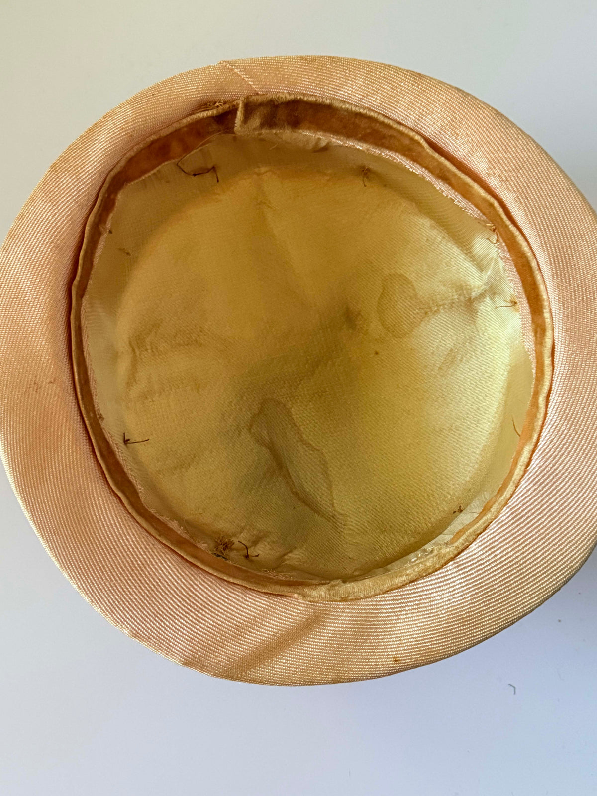 Vintage 1960s Champagne Gold Satin Breton Hat Black Grosgrain Trim Button Women's Mod Mid Century Hat