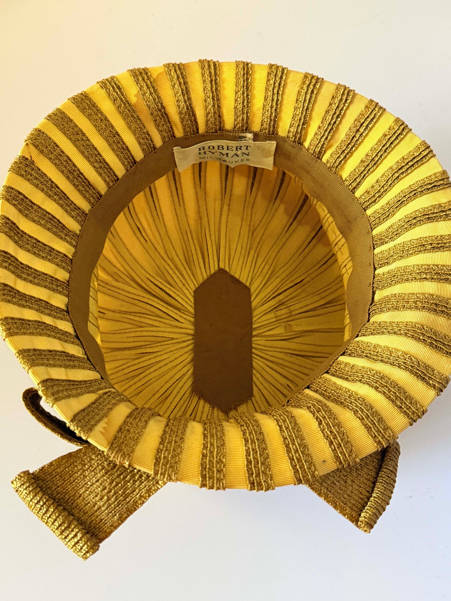 Vintage 1960s Robert Hyman Milwaukee Golden Straw Grosgrain Ribbon Hat Sculptural Bow Mid Century Women's Millinery