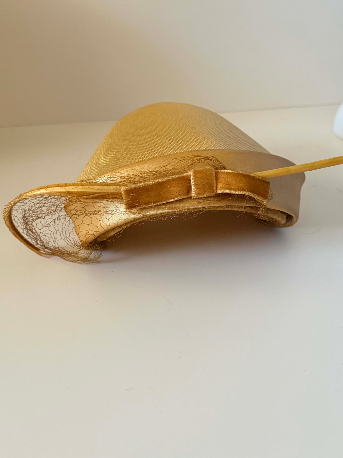 Vintage 1940s Champagne Gold Tilt Hat Sculptural Brim Bow Veil Women's WWII Era Cocktail Millinery