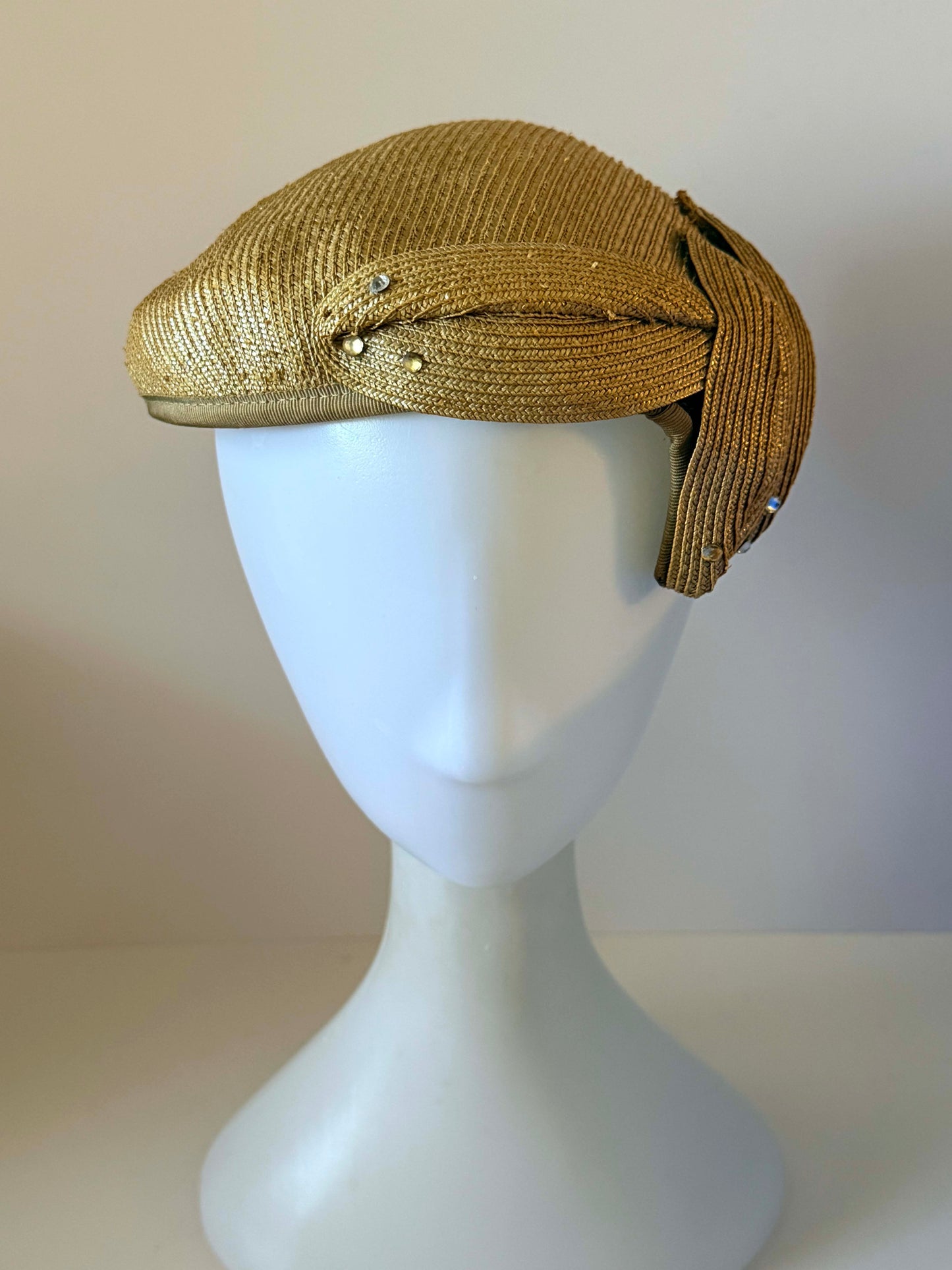 Vintage 1940s Golden Tan Straw Tilt Hat Sculptural Leaf Trim Rhinestone Accents Women's WWII Era Millinery