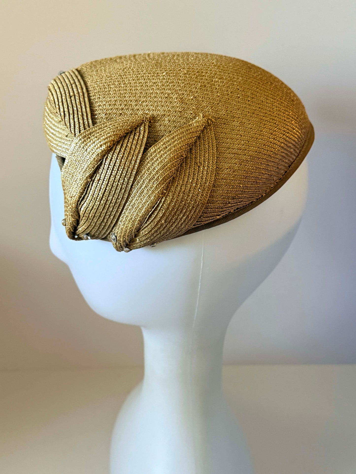 Vintage 1940s Golden Tan Straw Tilt Hat Sculptural Leaf Trim Rhinestone Accents Women's WWII Era Millinery