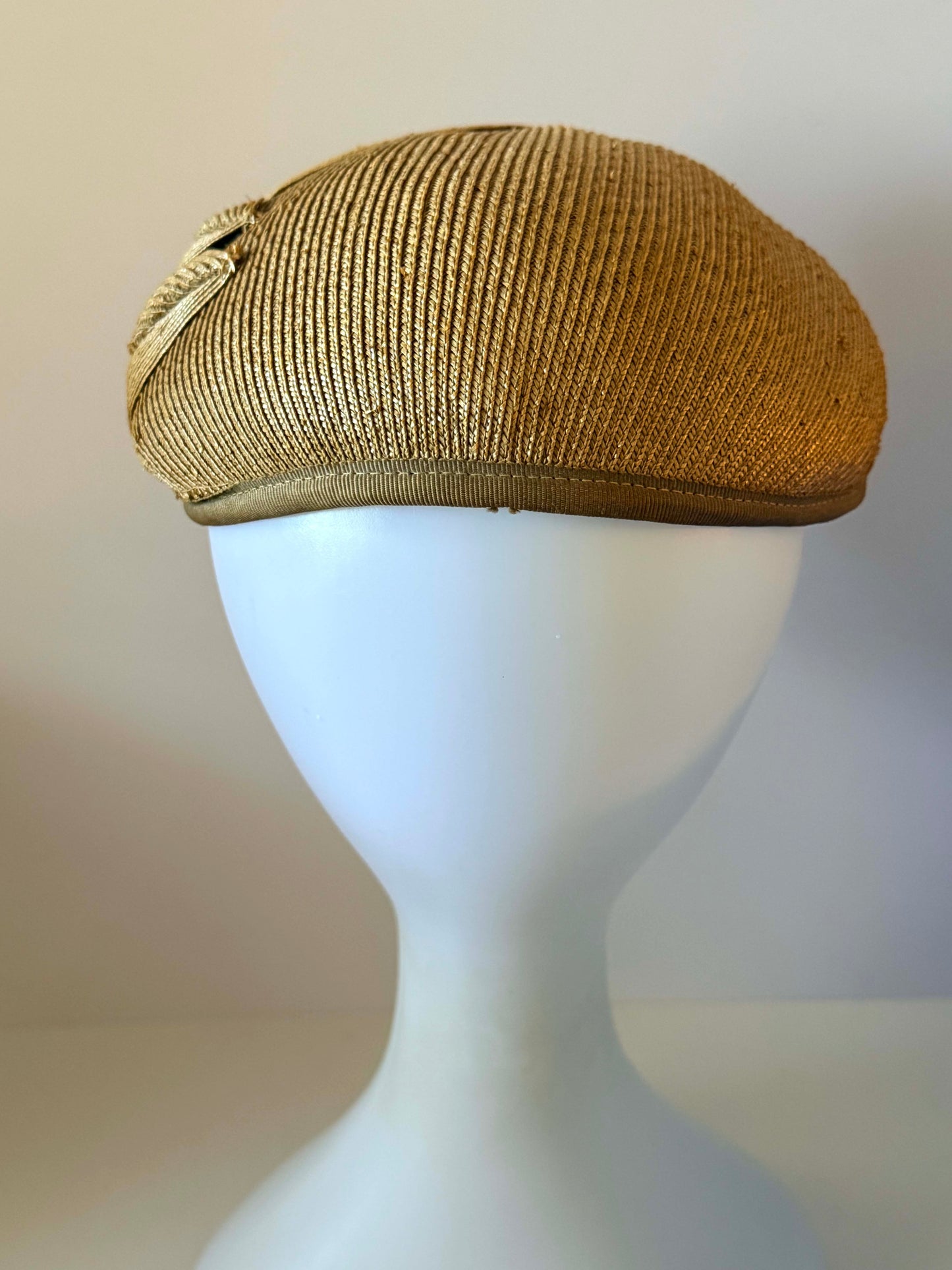 Vintage 1940s Golden Tan Straw Tilt Hat Sculptural Leaf Trim Rhinestone Accents Women's WWII Era Millinery