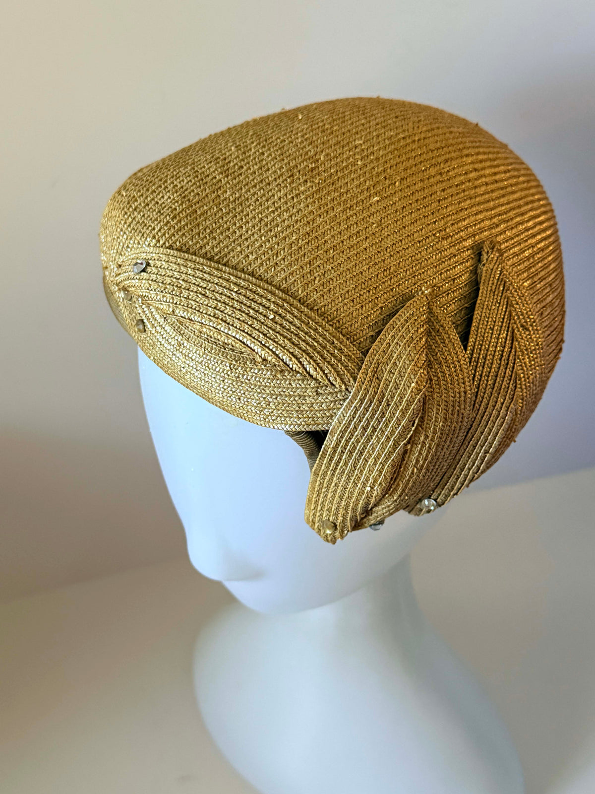 Vintage 1940s Golden Tan Straw Tilt Hat Sculptural Leaf Trim Rhinestone Accents Women's WWII Era Millinery