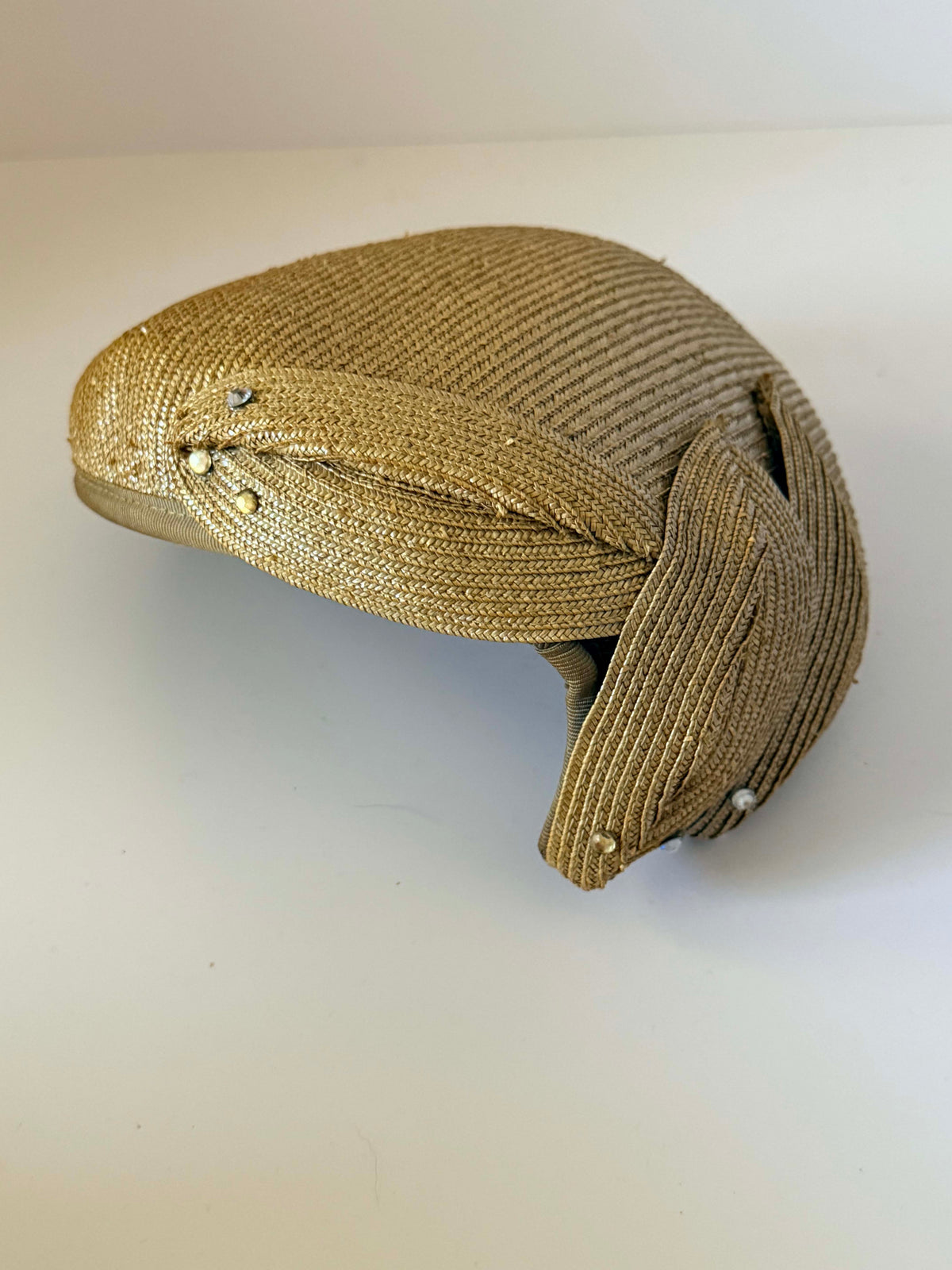 Vintage 1940s Golden Tan Straw Tilt Hat Sculptural Leaf Trim Rhinestone Accents Women's WWII Era Millinery