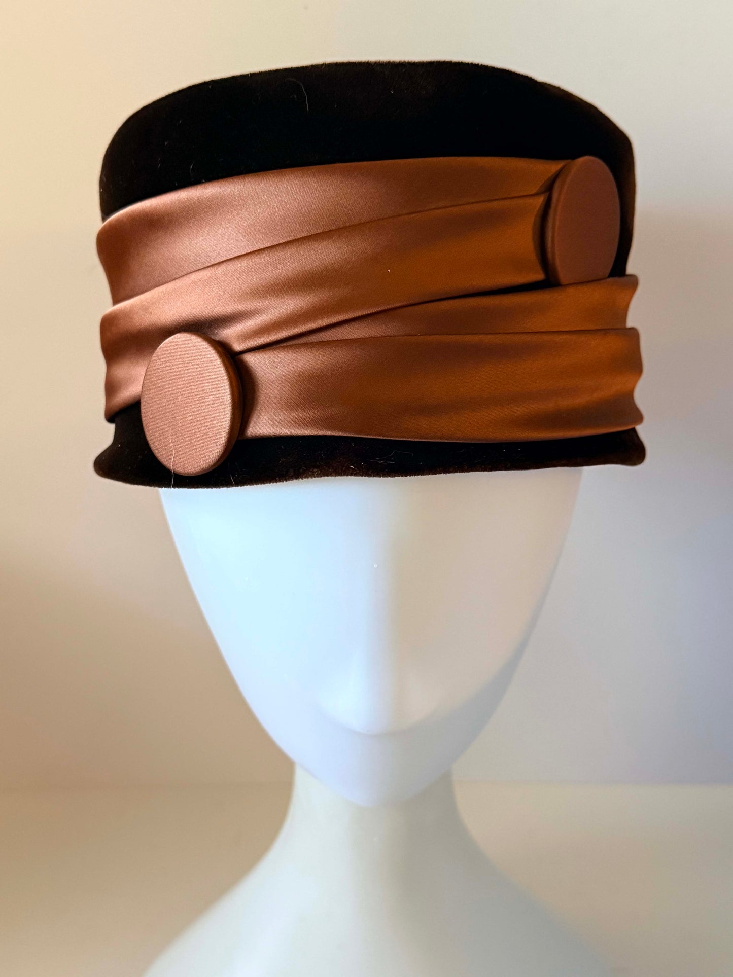 Vintage 1950s Julie Kay Chicago Brown Velvet Pillbox Hat Copper Satin Draped Ribbon Button Trim Women's Mid Century Millinery