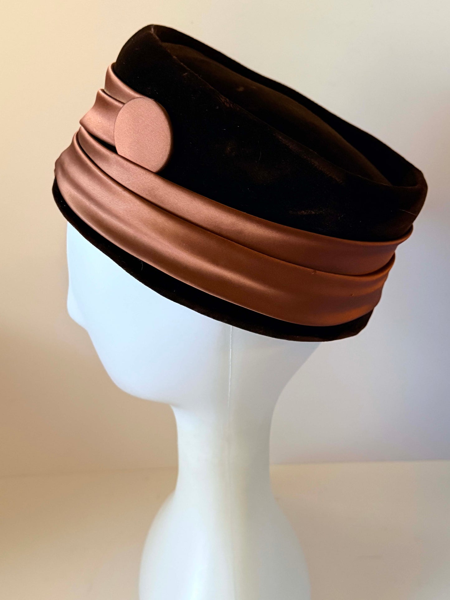 Vintage 1950s Julie Kay Chicago Brown Velvet Pillbox Hat Copper Satin Draped Ribbon Button Trim Women's Mid Century Millinery