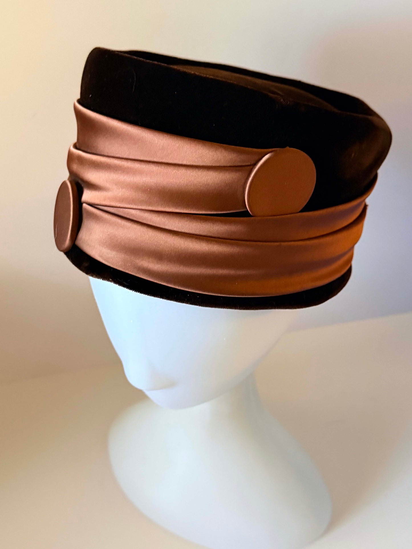 Vintage 1950s Julie Kay Chicago Brown Velvet Pillbox Hat Copper Satin Draped Ribbon Button Trim Women's Mid Century Millinery
