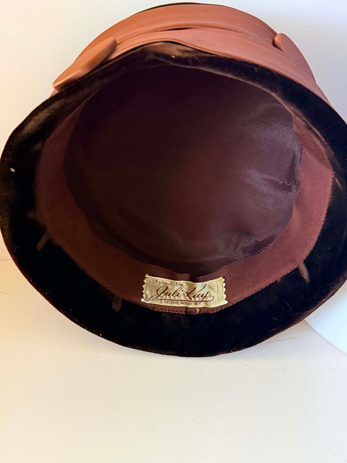 Vintage 1950s Julie Kay Chicago Brown Velvet Pillbox Hat Copper Satin Draped Ribbon Button Trim Women's Mid Century Millinery