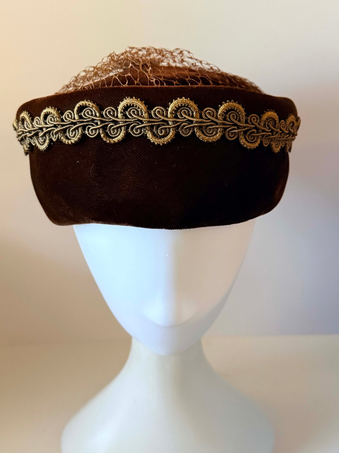 Vintage 1950s Dark Brown Velvet Pillbox Hat Gold Soutache Braid Brown Netting Women's Mid Century Cocktail Hat