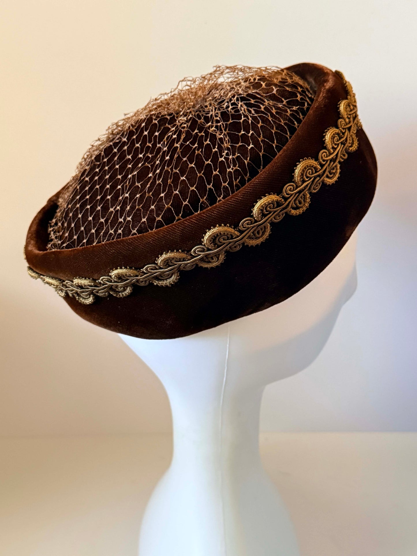 Vintage 1950s Dark Brown Velvet Pillbox Hat Gold Soutache Braid Brown Netting Women's Mid Century Cocktail Hat