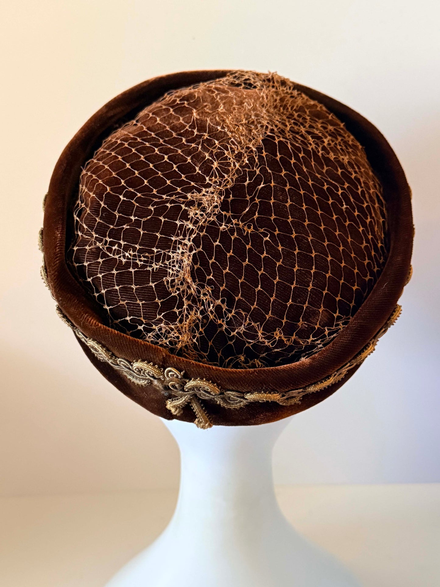 Vintage 1950s Dark Brown Velvet Pillbox Hat Gold Soutache Braid Brown Netting Women's Mid Century Cocktail Hat