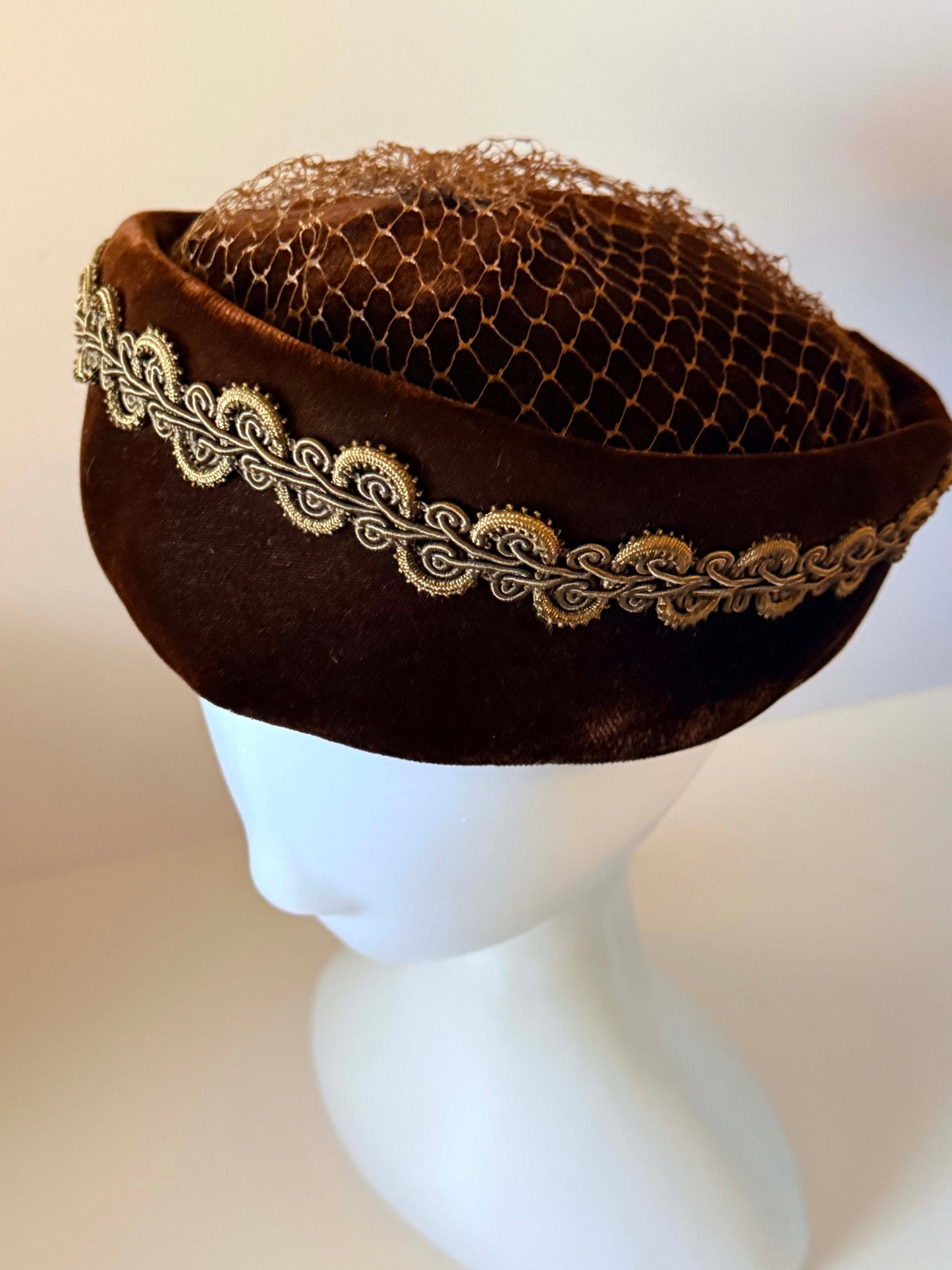 Vintage 1950s Dark Brown Velvet Pillbox Hat Gold Soutache Braid Brown Netting Women's Mid Century Cocktail Hat
