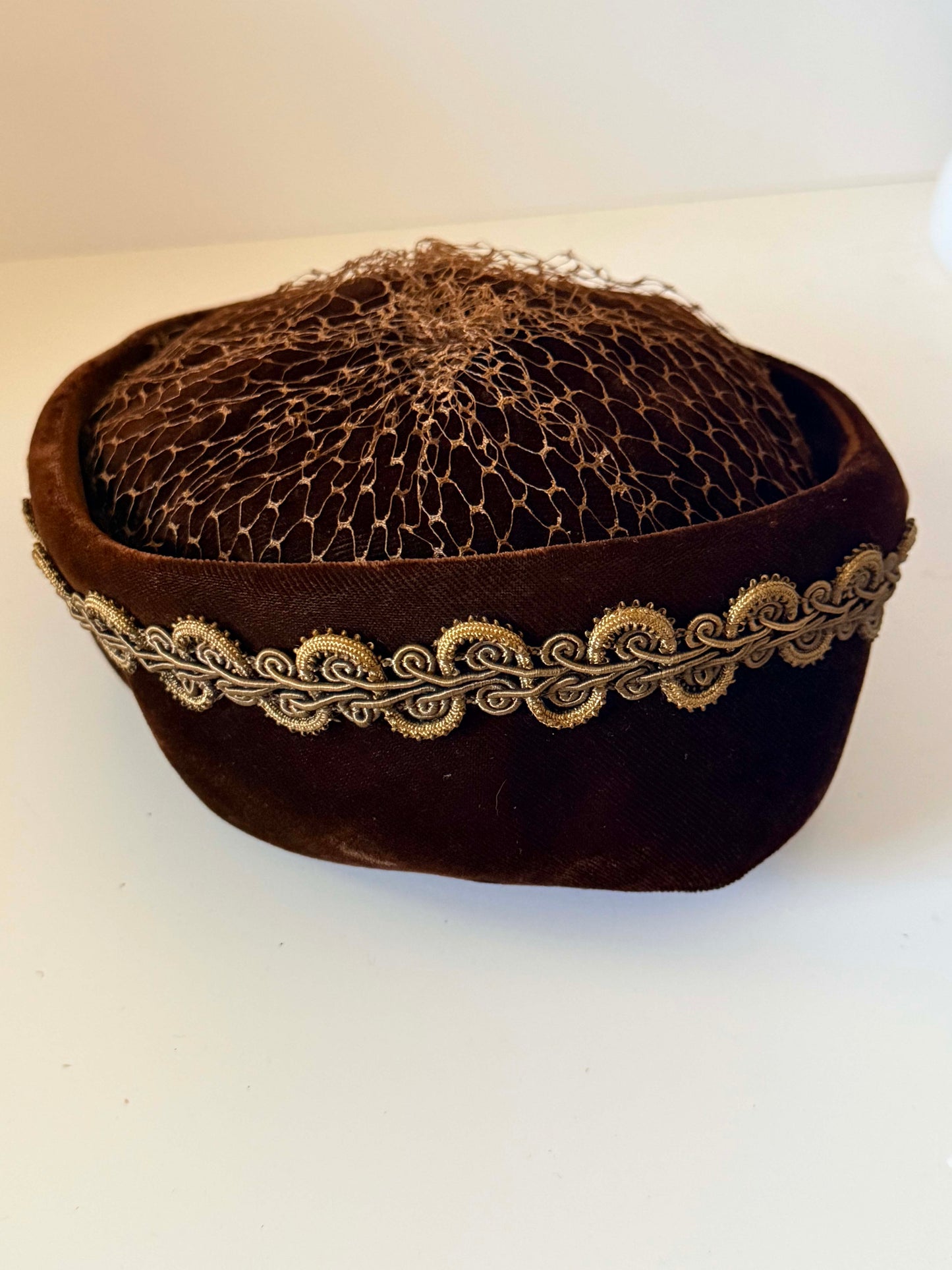 Vintage 1950s Dark Brown Velvet Pillbox Hat Gold Soutache Braid Brown Netting Women's Mid Century Cocktail Hat