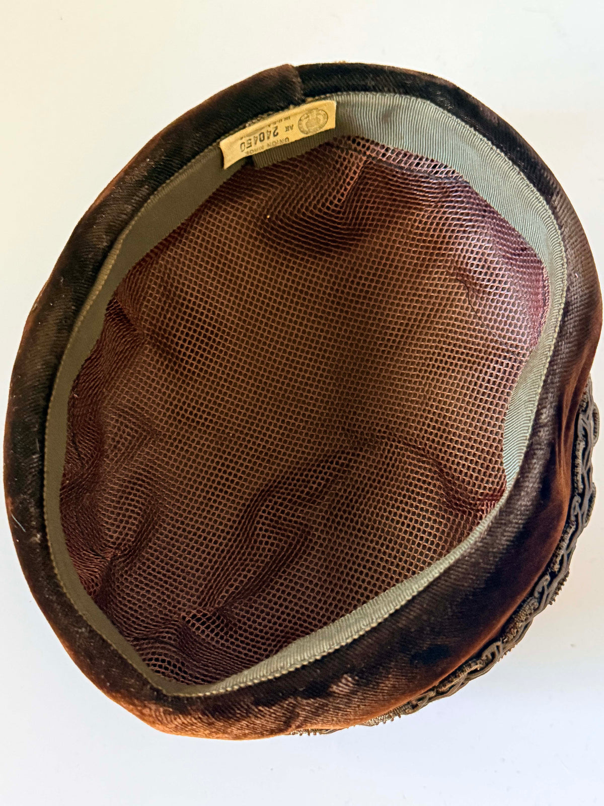 Vintage 1950s Dark Brown Velvet Pillbox Hat Gold Soutache Braid Brown Netting Women's Mid Century Cocktail Hat