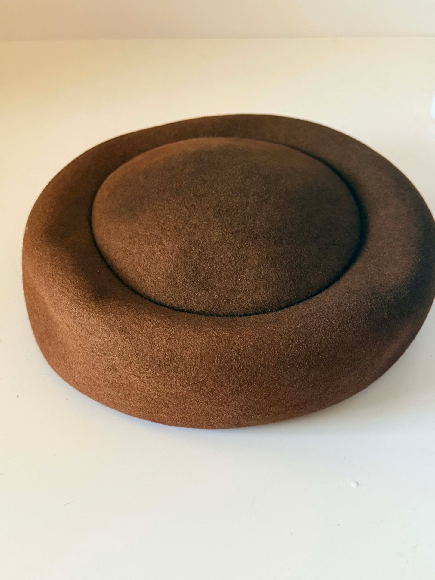 Vintage 1960s Brown Wool Felt Breton Hat Sculptural Raised Brim Rounded Crown Women's Mod Millinery